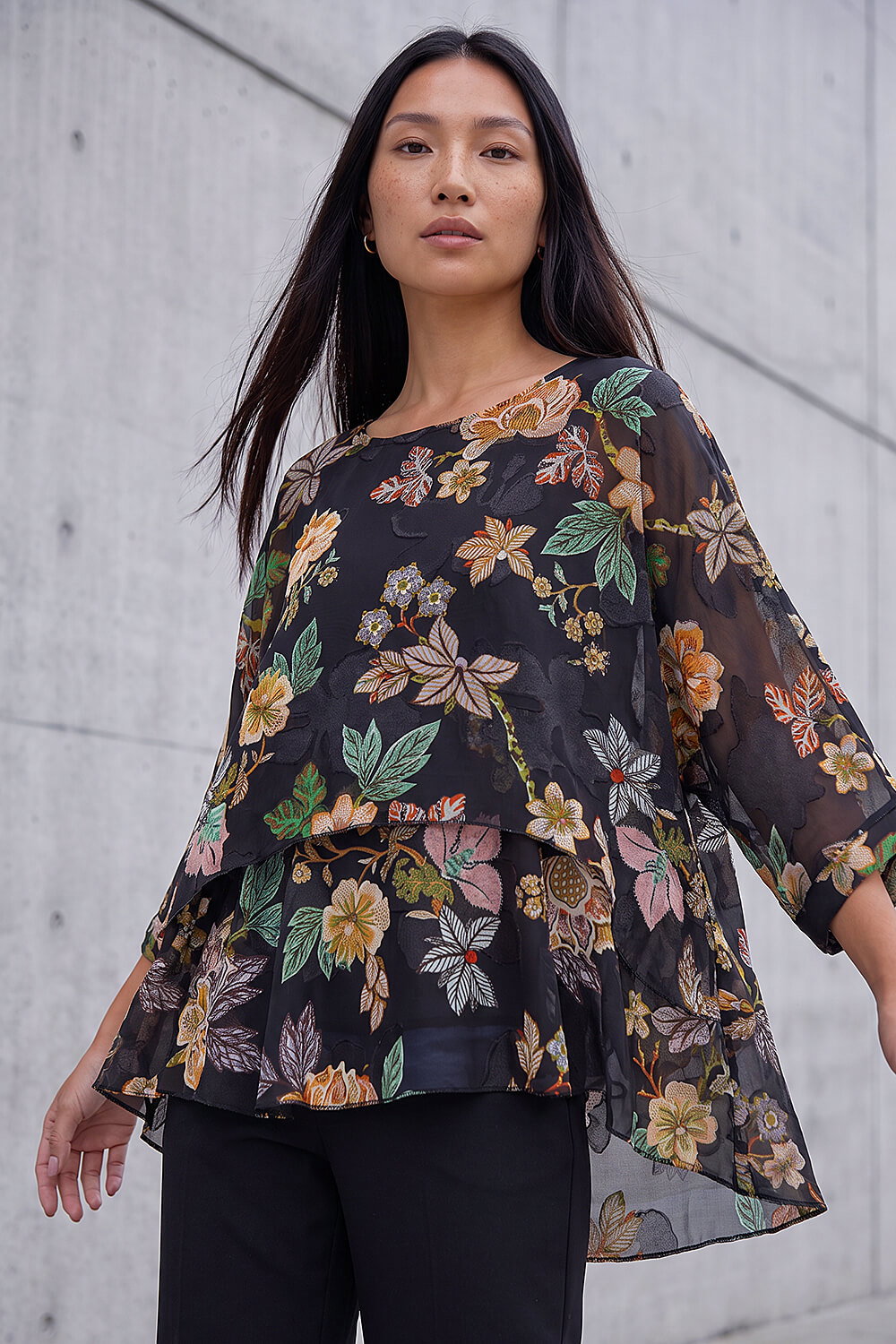 Roman Women's Black Floral Print Overlay Top Size 16