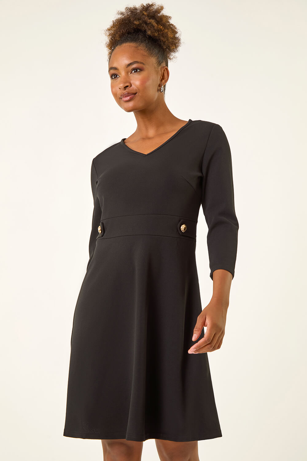 Black V-Neck Buttoned Stretch Dress, Image 3 of 5