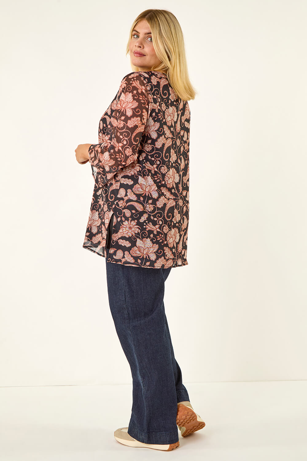 Beige Curve Print Mesh Tunic Top, Image 4 of 5