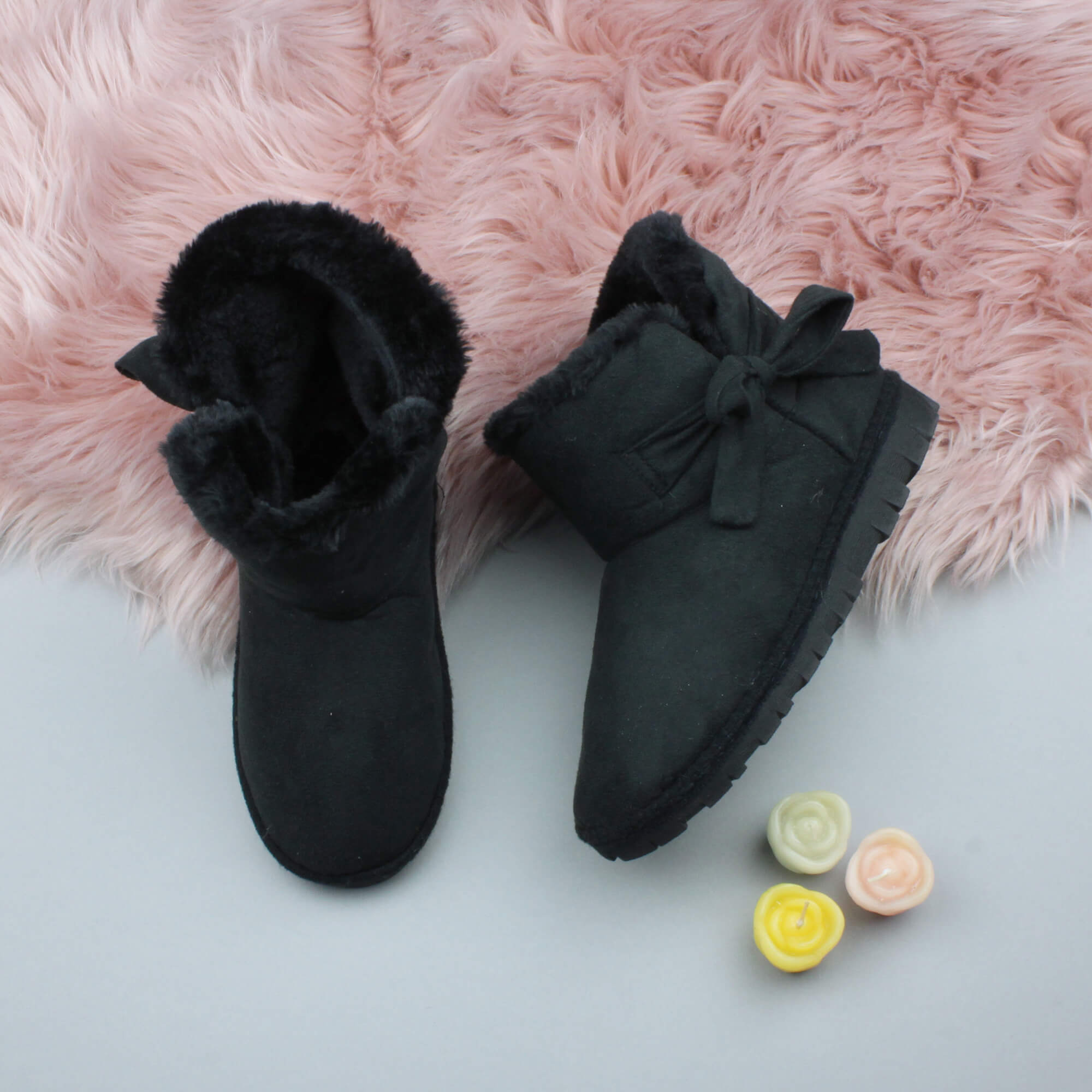 Black Faux Fur Lined Ankle Boots Slippers, Image 4 of 6