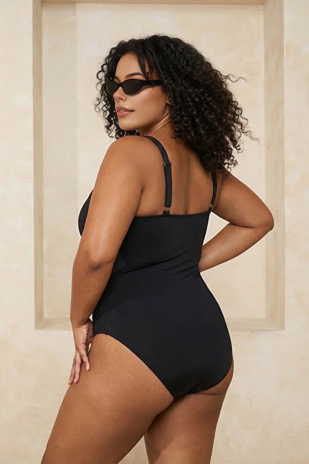 Black Wrap Front Scoop Neck Shaping Swimsuit, Image 2 of 3