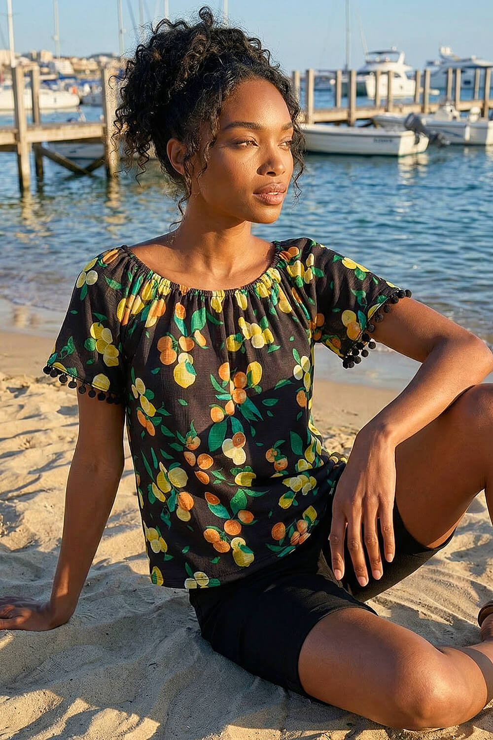 Black Citrus Pom Pom Trim Bardot Top, Image 3 of 4