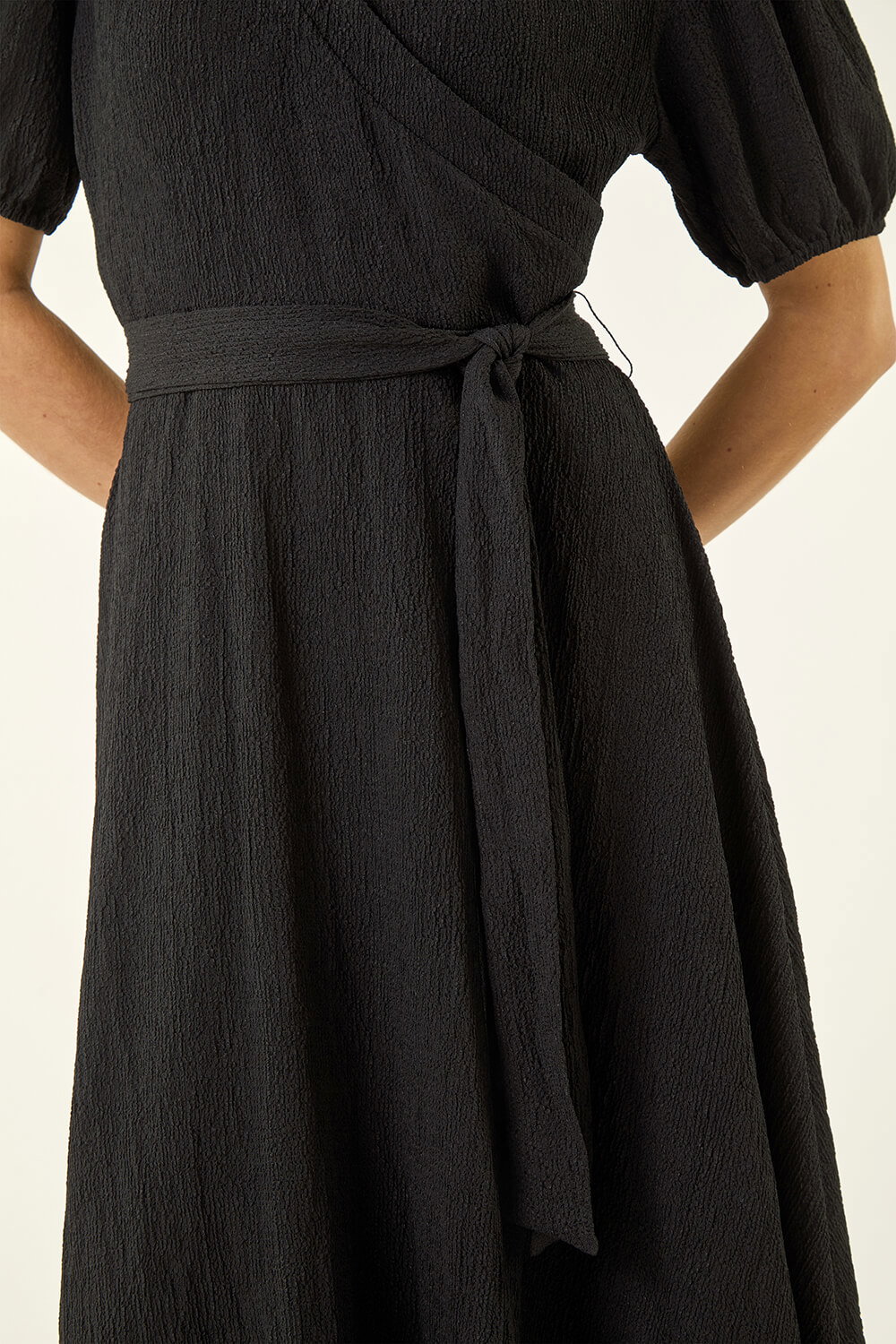 Black Wrap Bodice Belted Midi Dress, Image 6 of 5