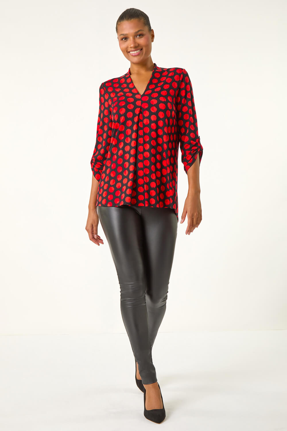 Red Spot Print Pleat Front Top, Image 3 of 5