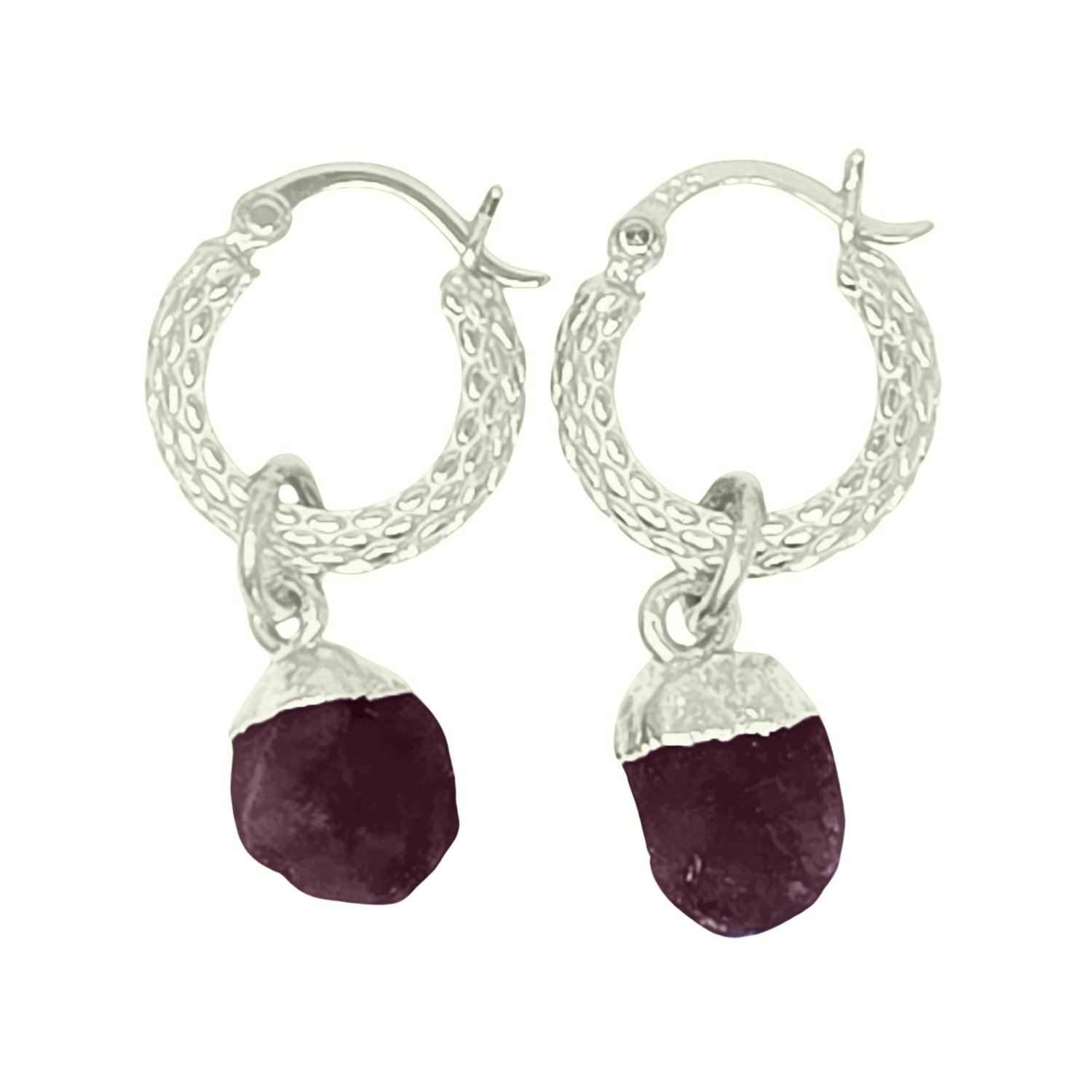 Silver Raw Ruby July Birthstone Huggie Hoops Sterling Silver Gemstone Earrings, Image 1 of 1