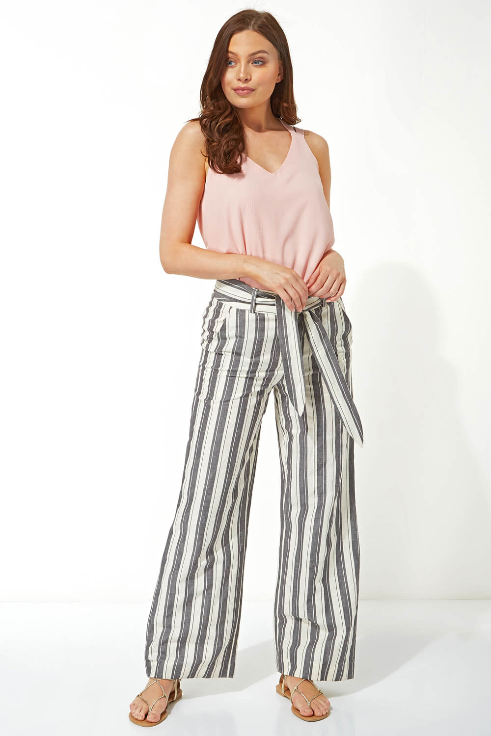 Grey Stripe Linen Wide Leg Trousers, Image 4 of 4