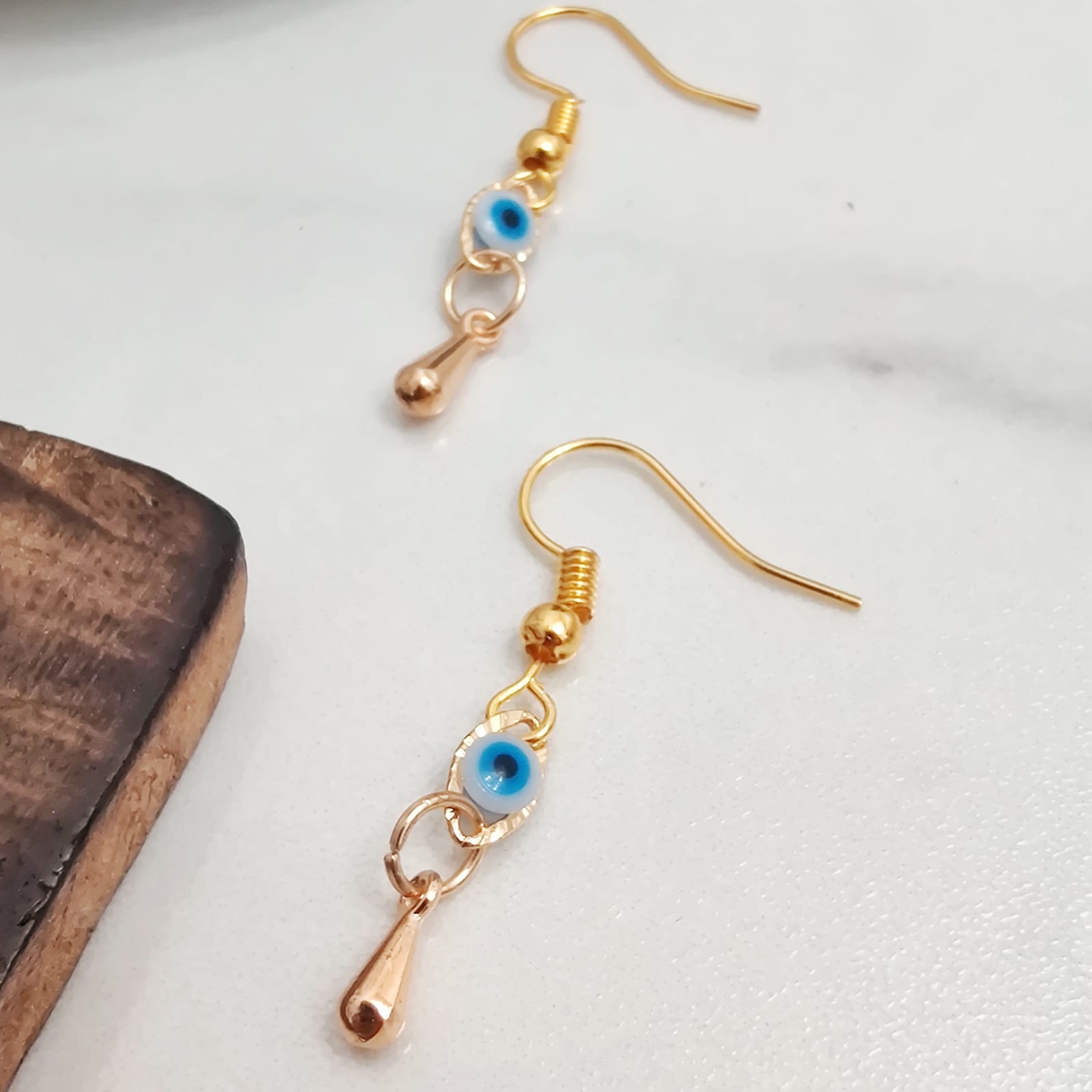 Gold Evil Eye Dangle Earrings Turkish Charm, Image 5 of 6