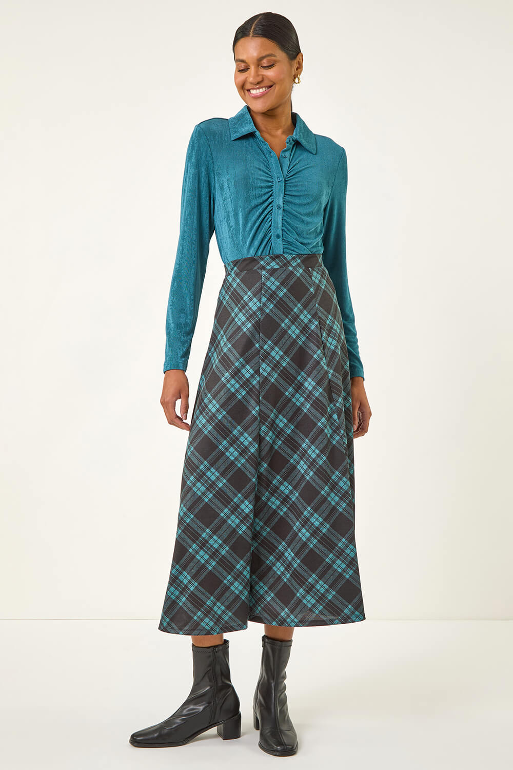 Teal Panelled Check Midi Skirt, Image 4 of 5