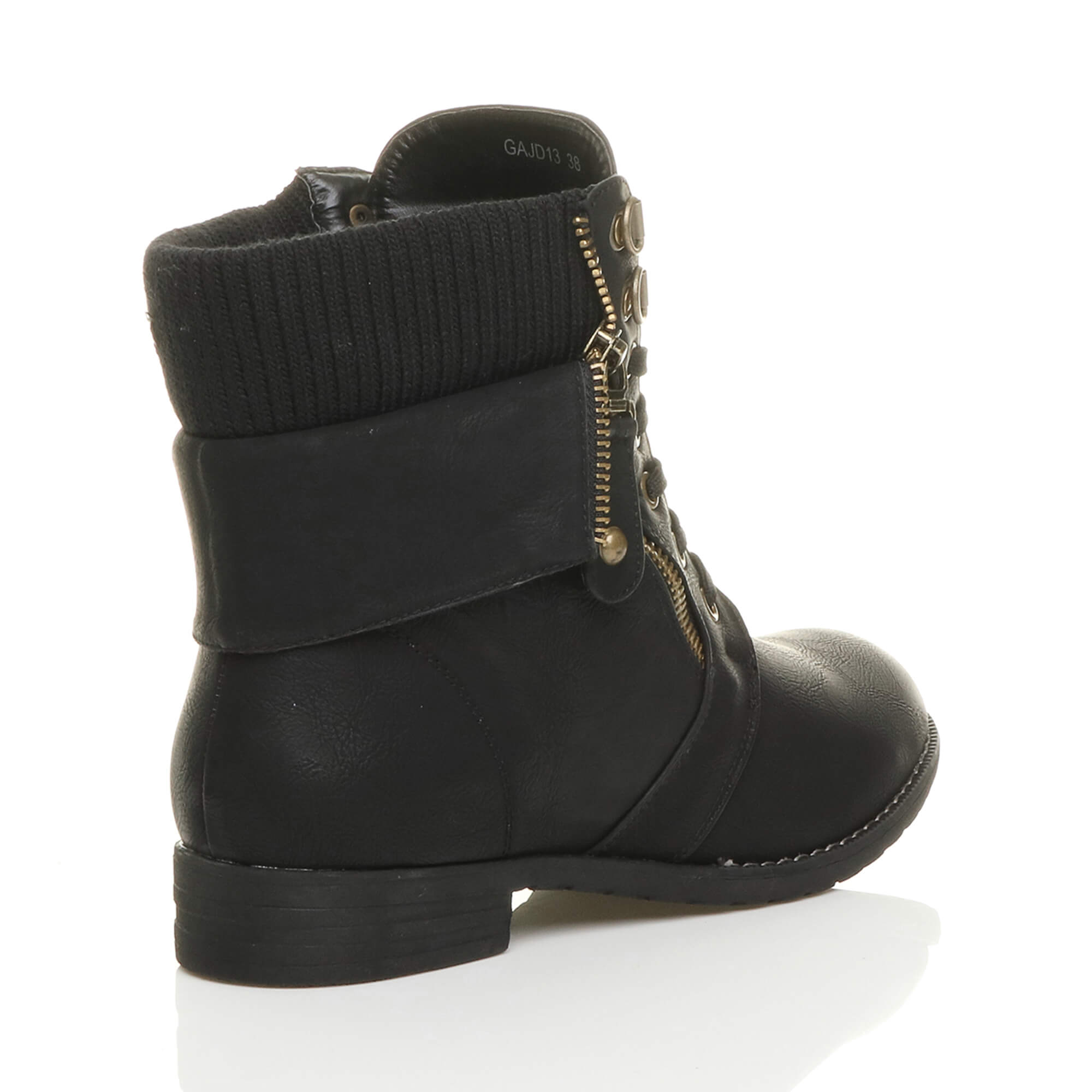 Black AJVANI Black Lace Up Knitted Collar Biker Military Boots, Image 4 of 6