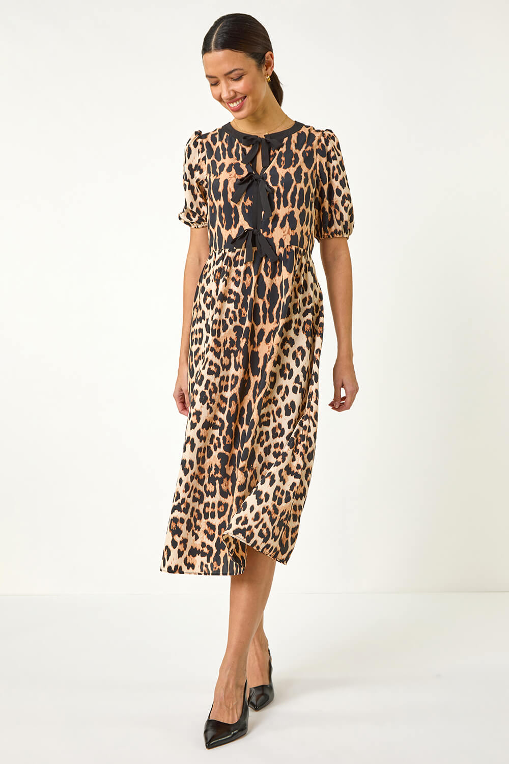 Camel Animal Print Tie Detail Midi Dress, Image 4 of 6