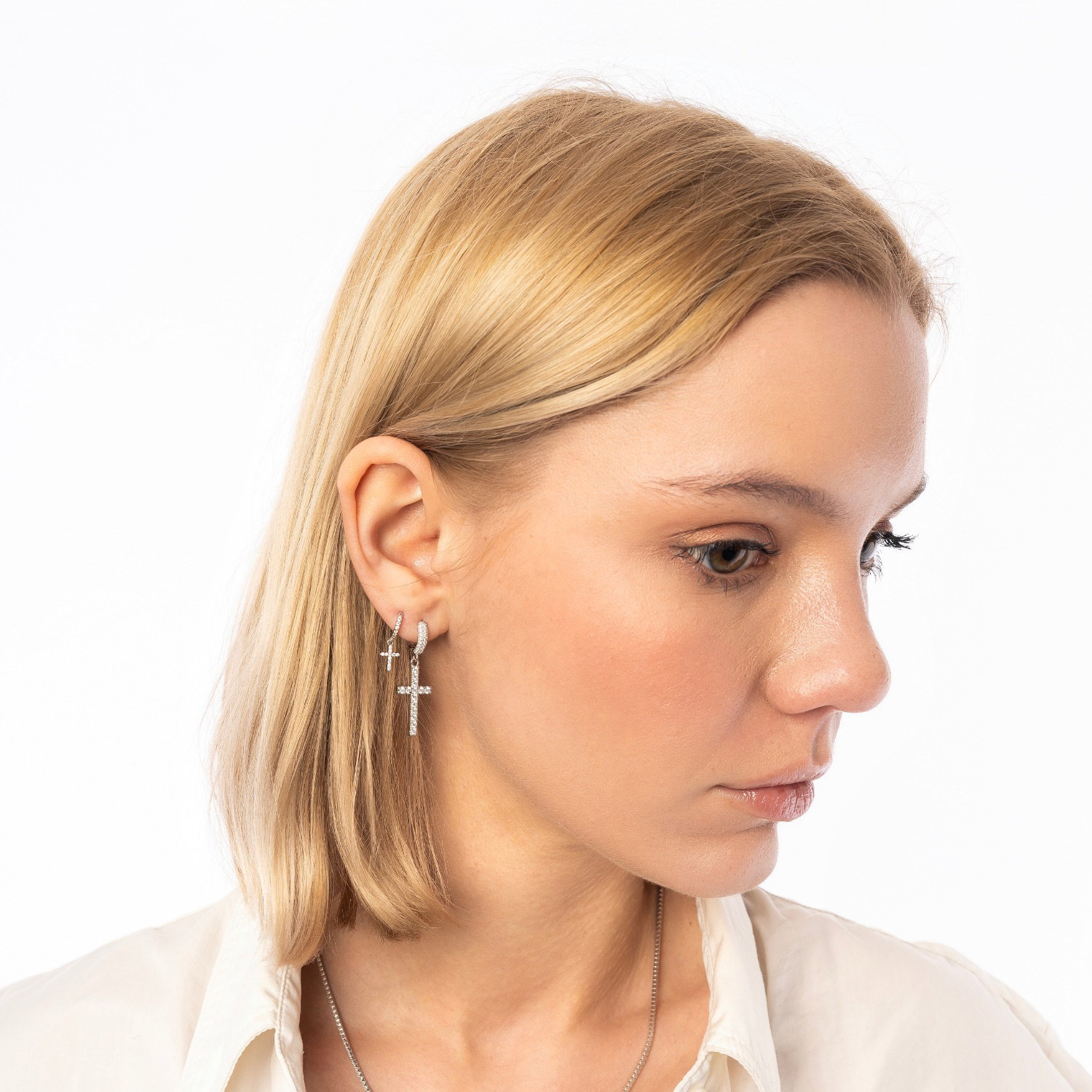 Silver Full Pave Cross Sterling Silver Drop Hoop Earring, Image 6 of 7