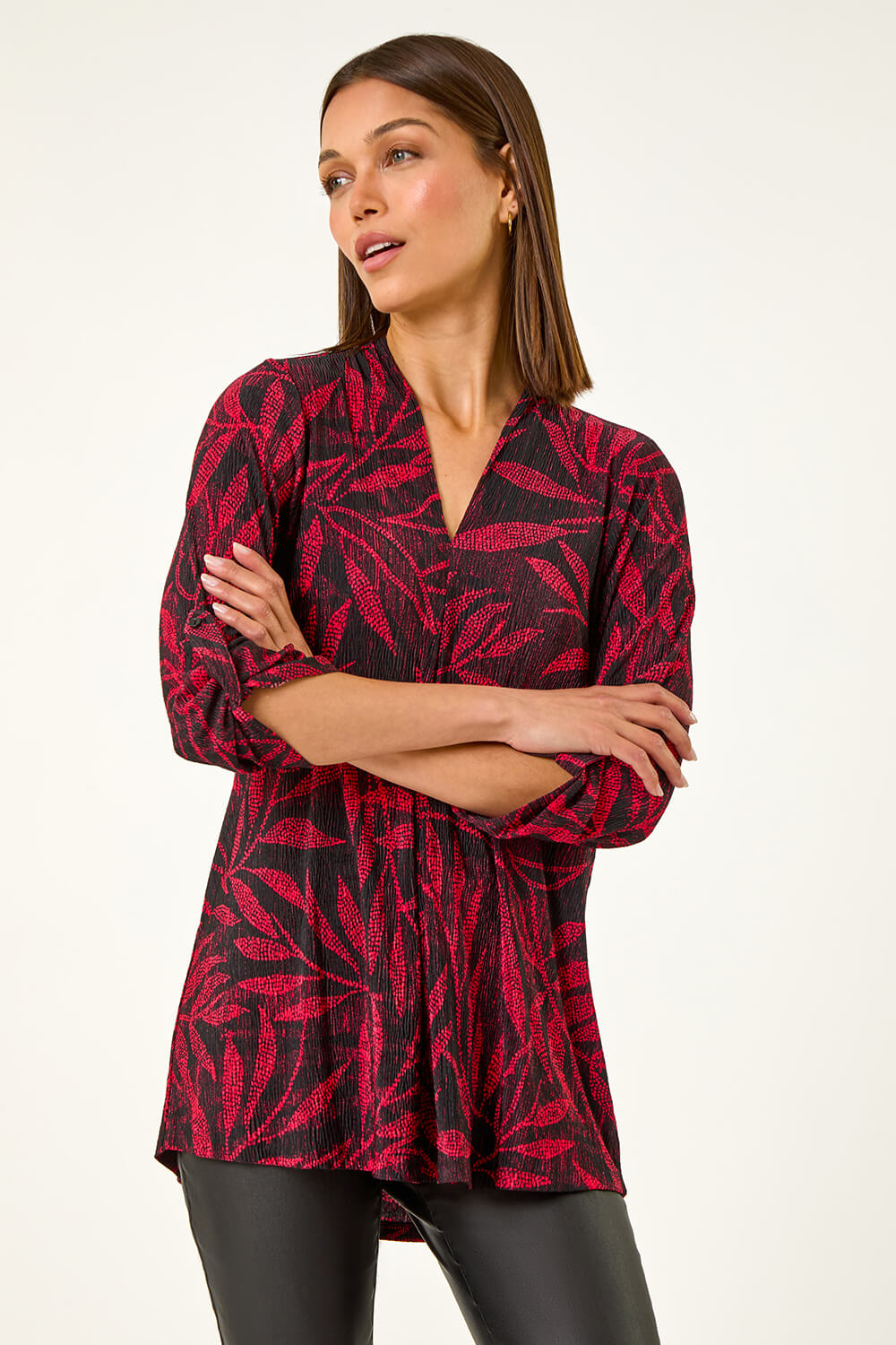 Red Leaf Print Pleated Top, Image 1 of 5