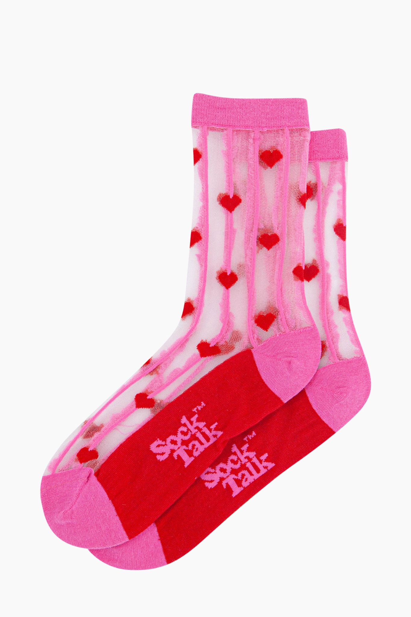 Pink Hearts Stripes Combed Cotton Sheer Pop Socks in Pink, Image 3 of 3