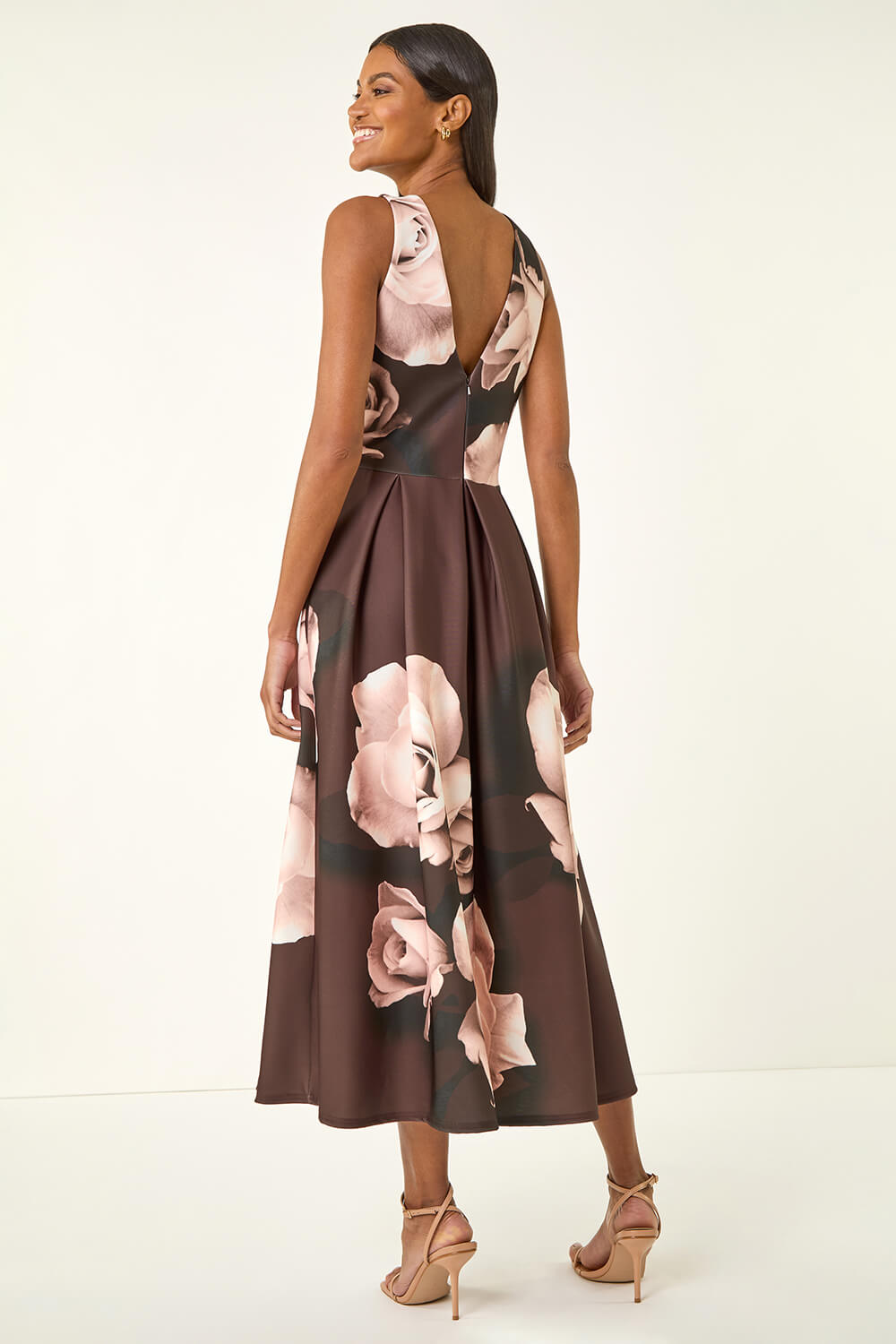 Chocolate Floral Print Premium Stretch Midi Dress, Image 4 of 5