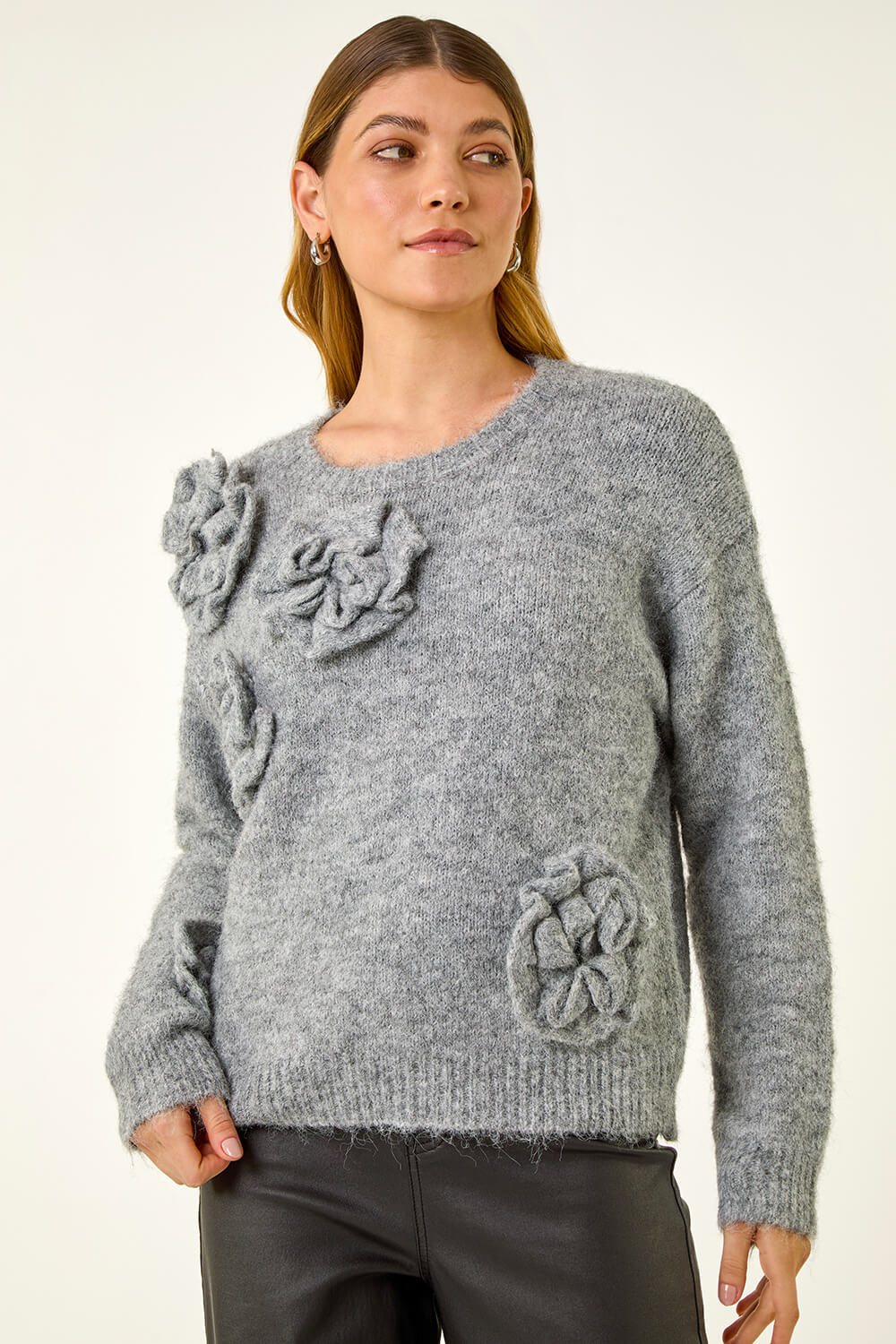 Grey Chunky Floral Knit Jumper, Image 5 of 5