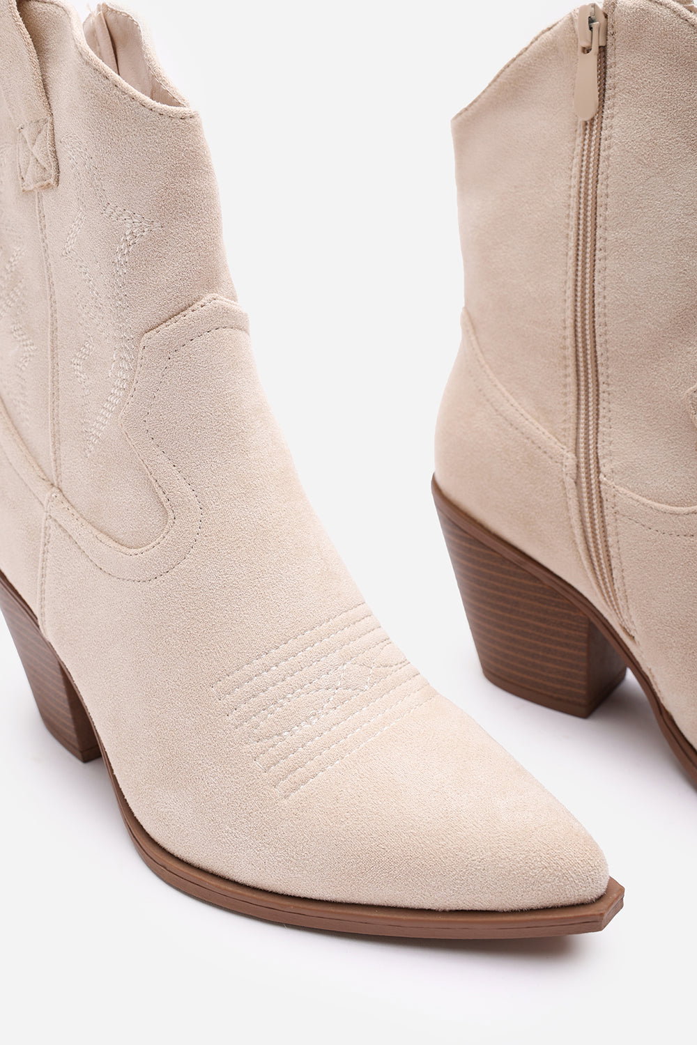 Beige Seraphina Cowboy Ankle Boots Block Heel, Image 4 of 5