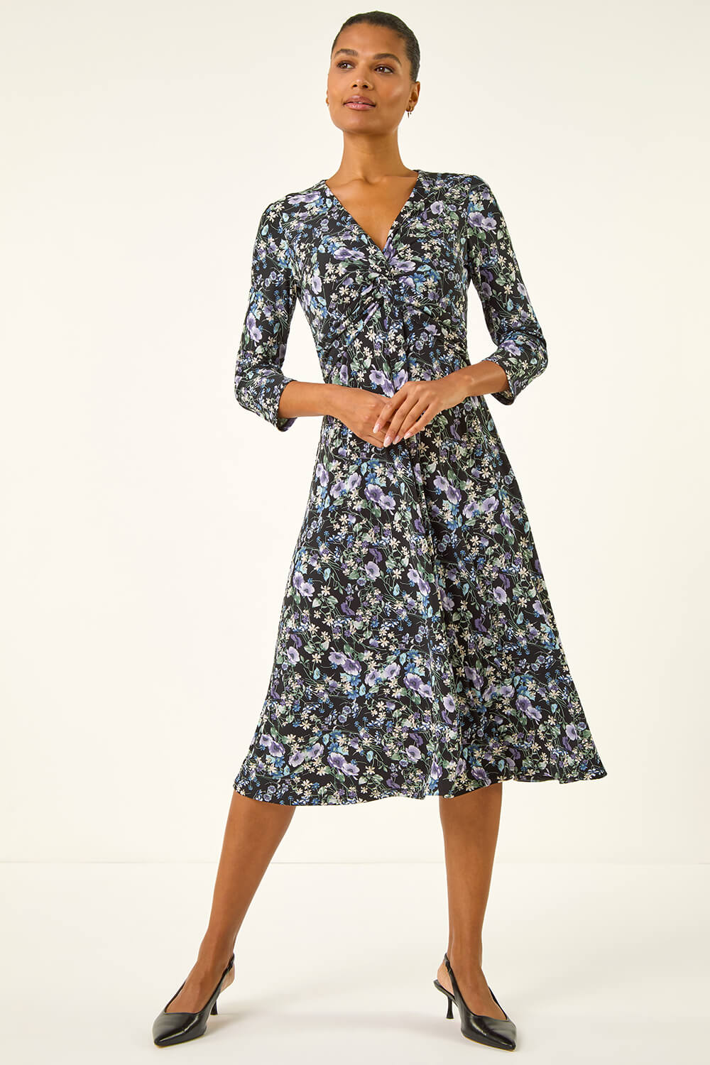 Purple Floral Twisted Front Stretch Midi Dress, Image 3 of 7