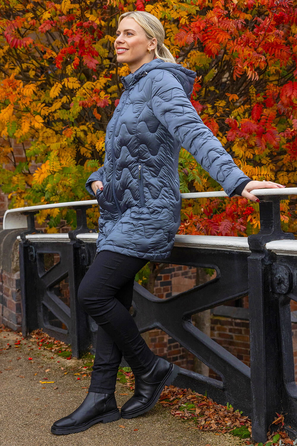 Steel Blue Wave Quilted Puffer Hooded Coat, Image 3 of 2