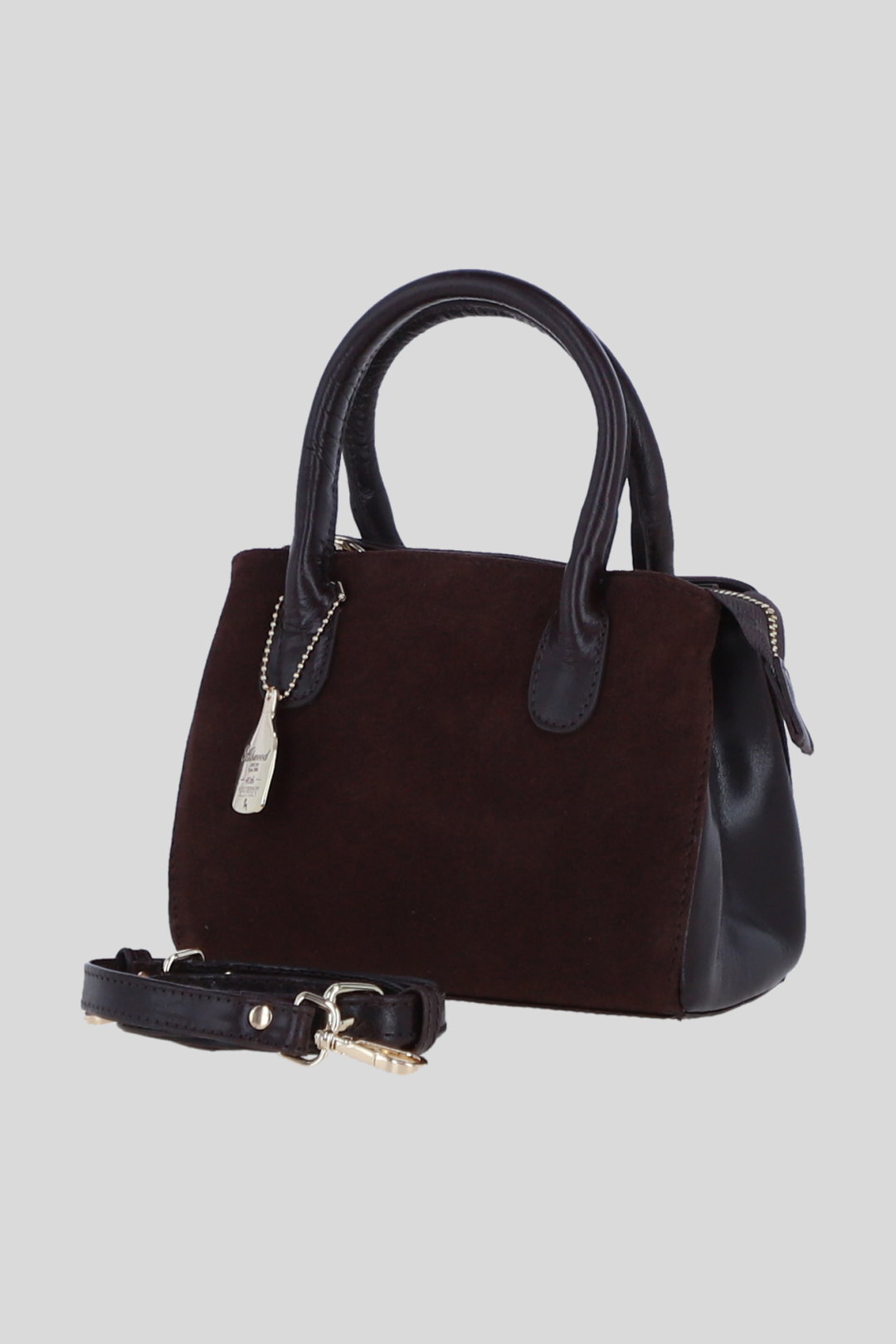 Brown Genuine Leather and Suede Handbag with Detachable Crossbody Strap, Image 2 of 4