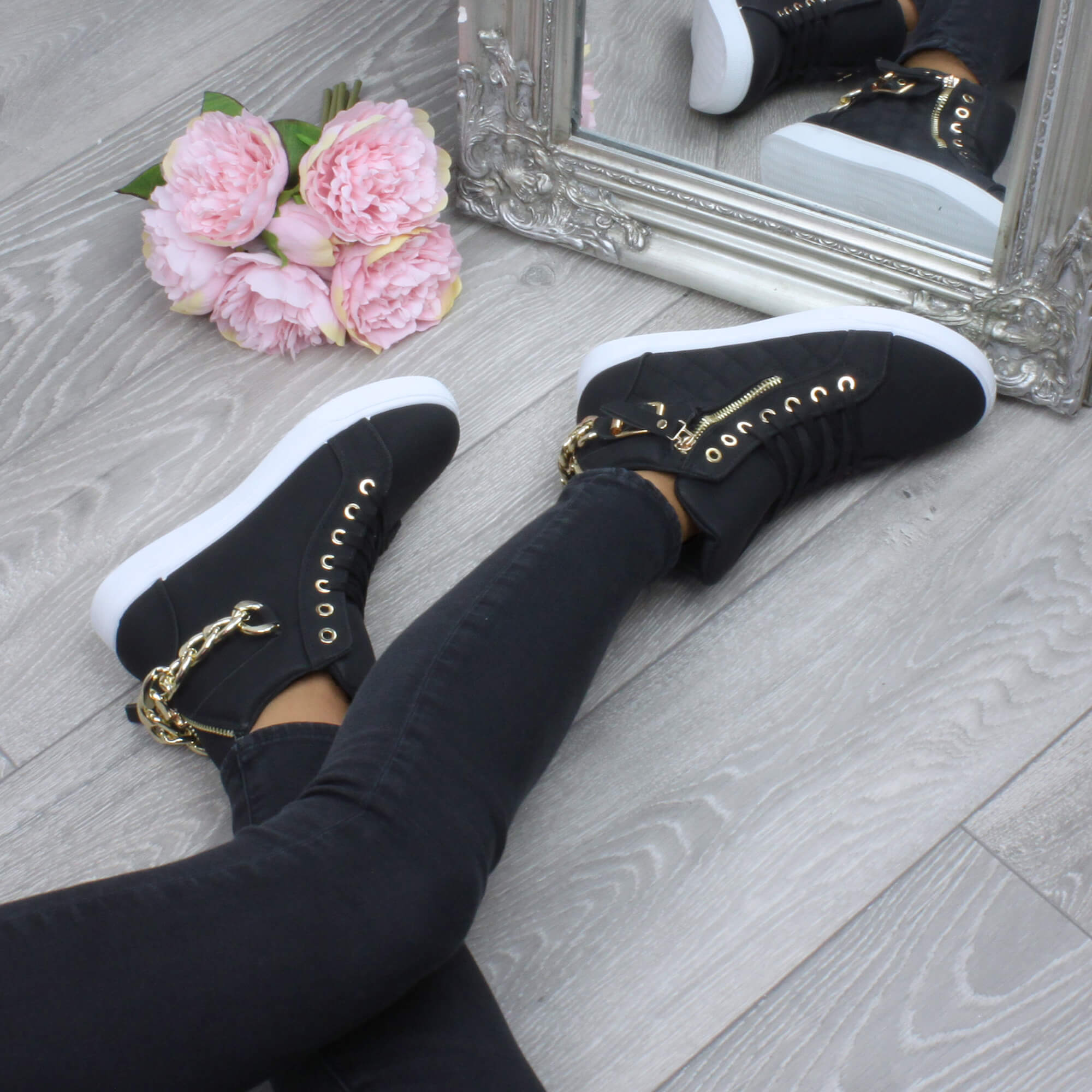 Black Gold Chain Lace Up Trainers Hi Tops, Image 5 of 6