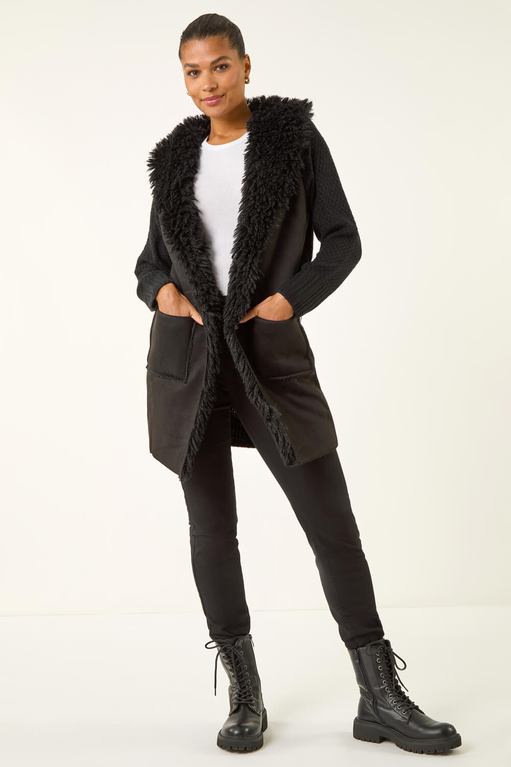 Black Longline Faux Shearling Knit Coatigan, Image 3 of 5