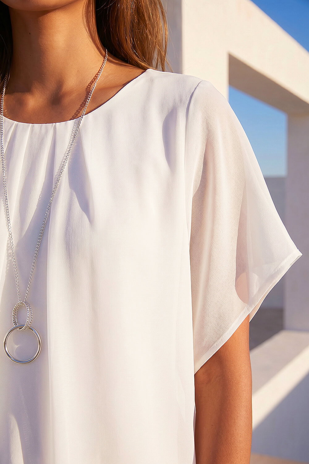 Ivory Chiffon Jersey Blouson Top with Necklace, Image 5 of 4