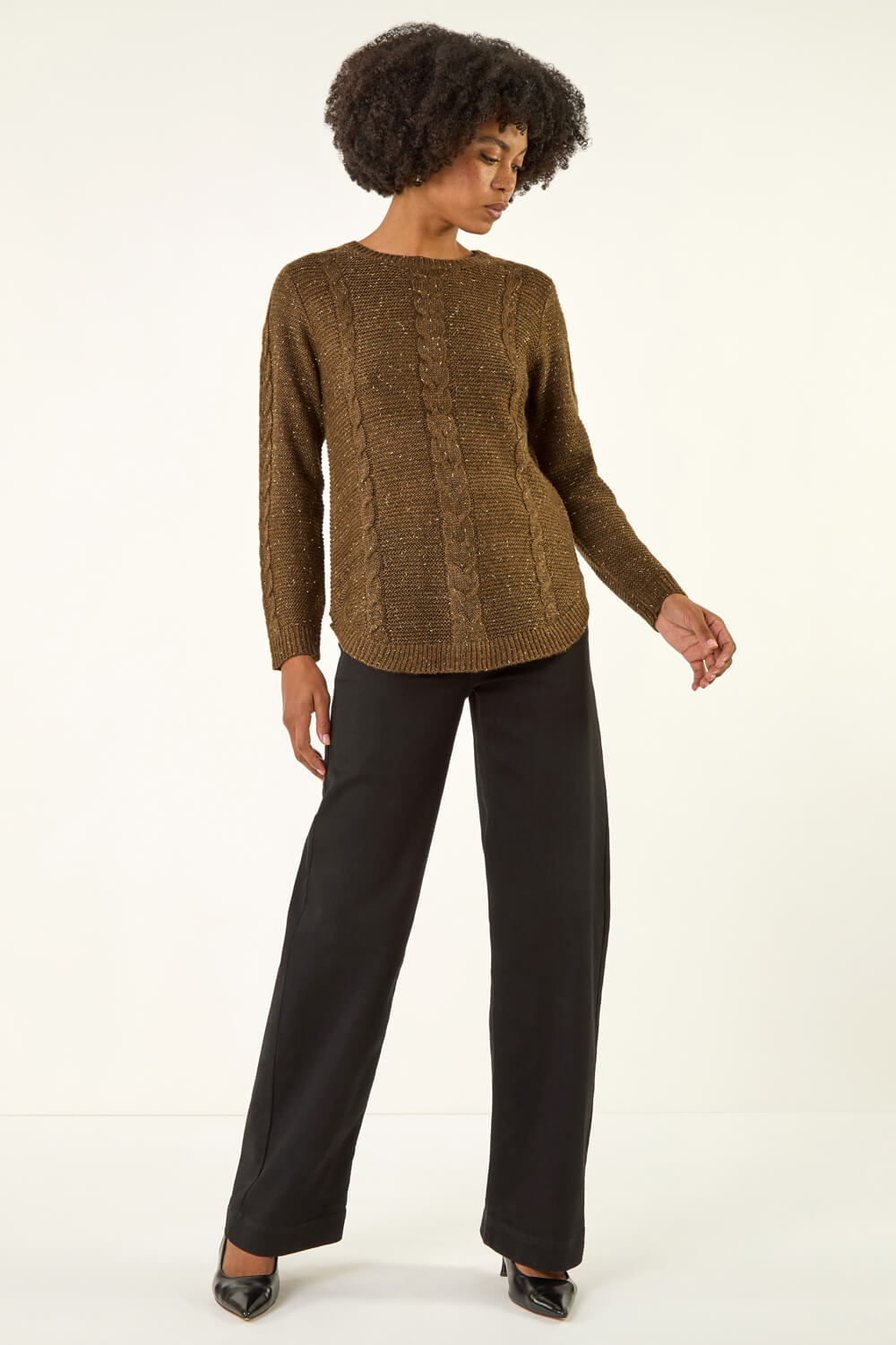 Brown Speckled Cable Knit Jumper , Image 3 of 5