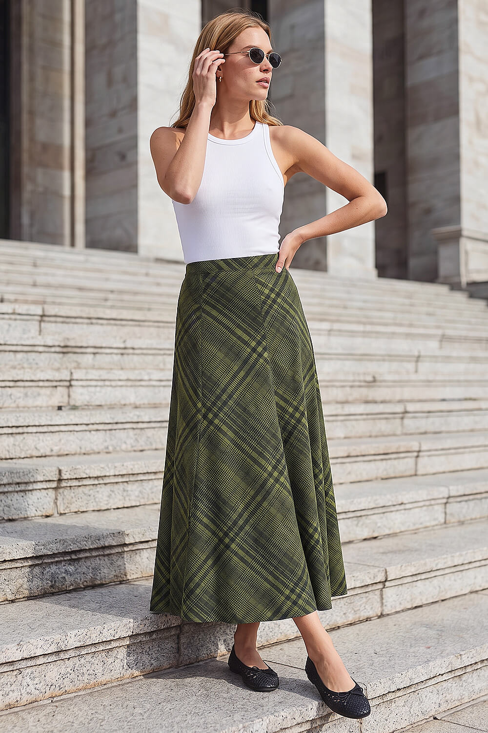 Green Print Check Midi Skirt, Image 3 of 4