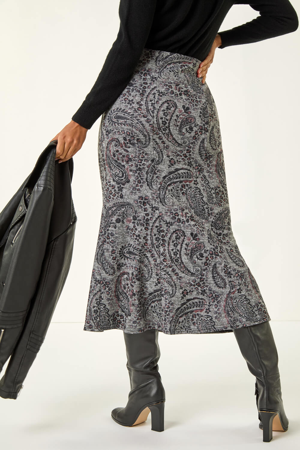 Grey Paisley Print Stretch Midi Skirt, Image 5 of 5