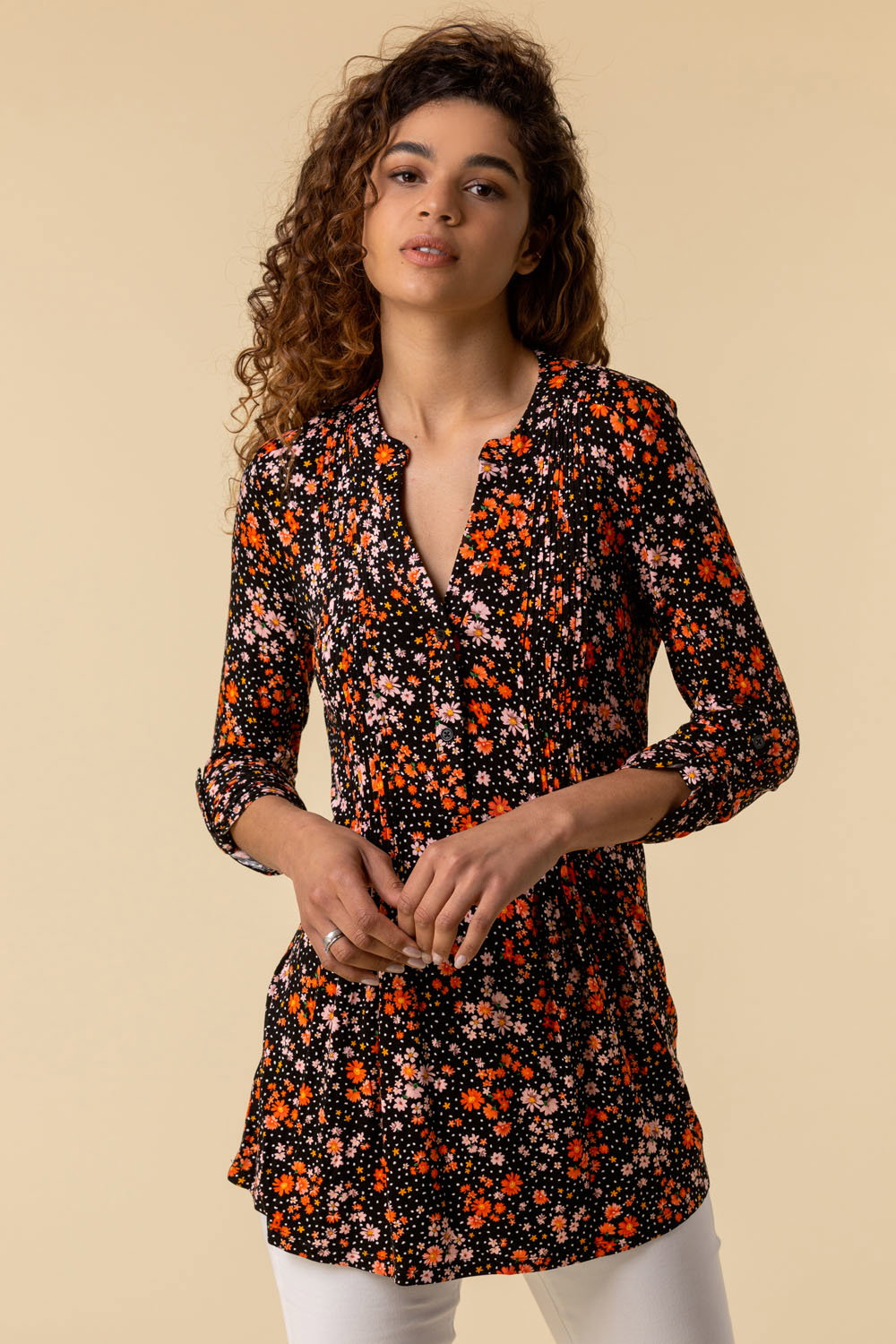 Multi Ditsy Floral Print Pintuck Jersey Shirt, Image 1 of 4