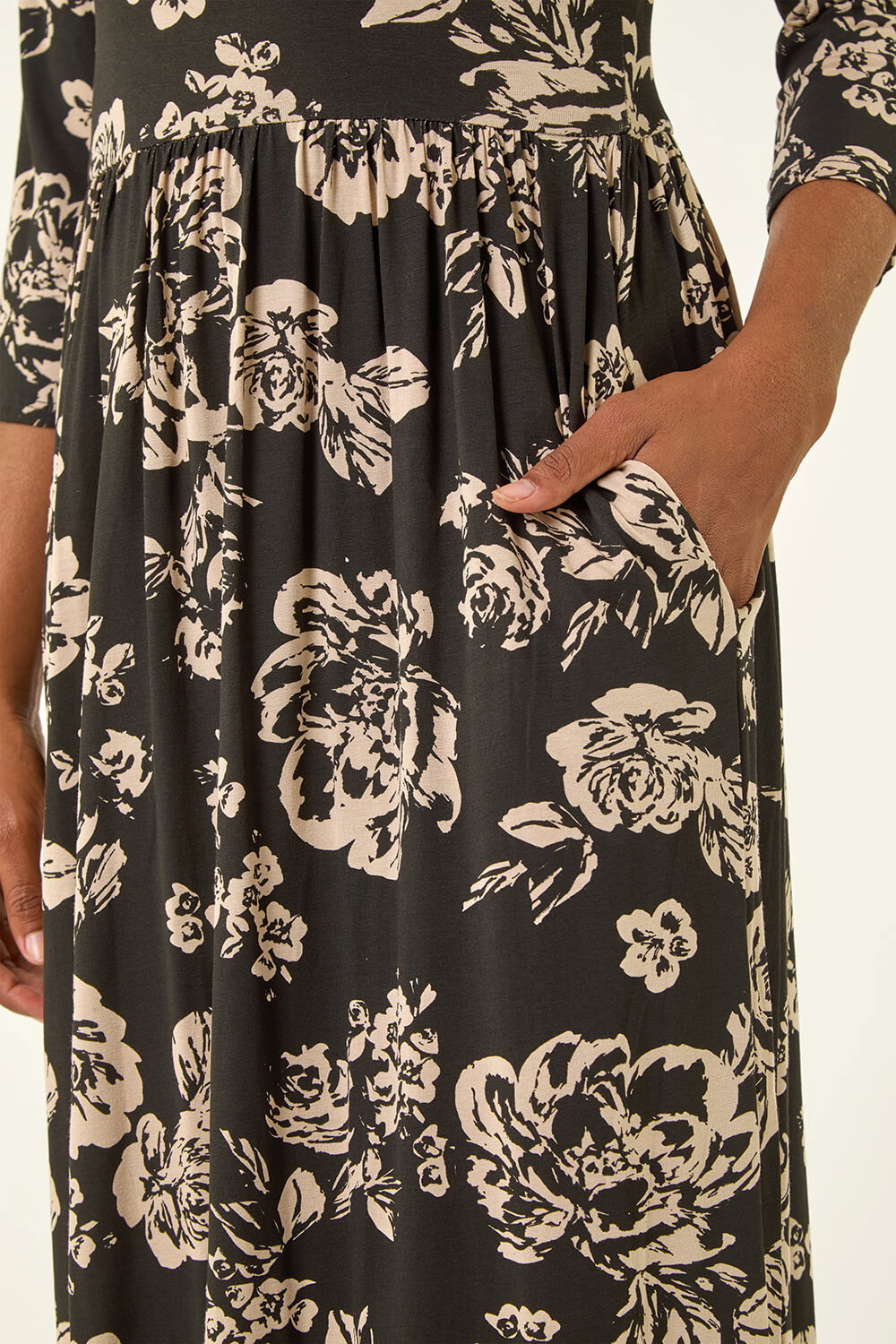 Black Floral Pocket Stretch Midi Dress, Image 6 of 5