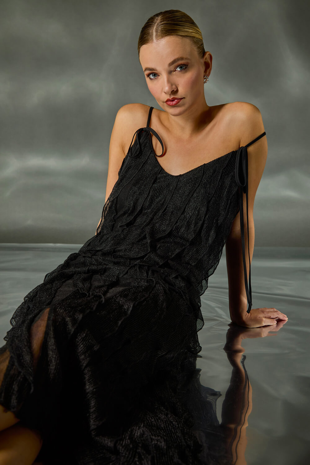 Black Dusk Frill Stretch Maxi Dress, Image 8 of 8