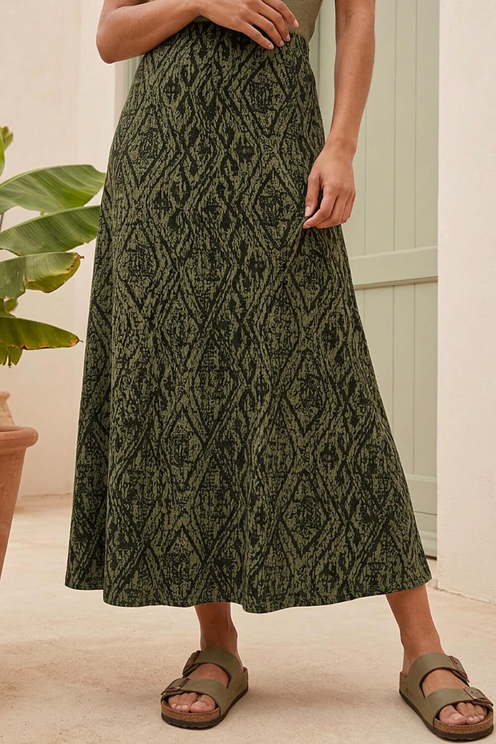Khaki Abstract Diamond Print Midi Skirt, Image 3 of 4