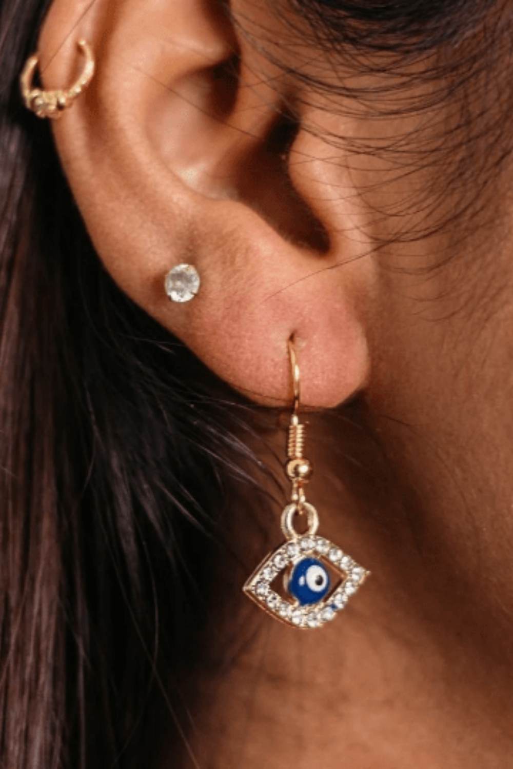 Gold Hamsa Evil Eye Zircon Dangle Earrings, Image 1 of 2