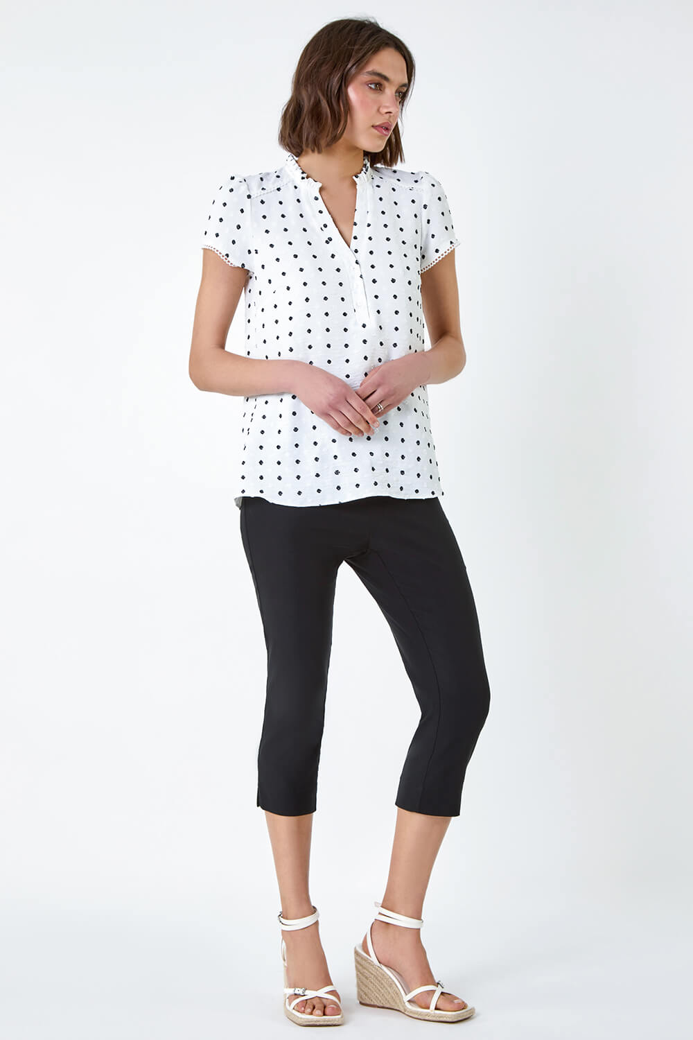 Ivory Textured Spot Print V-Neck Ruffle Detail Top, Image 3 of 5
