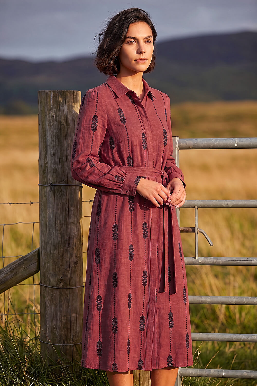 Maroon Embroidered Belted Midi Dress, Image 1 of 4
