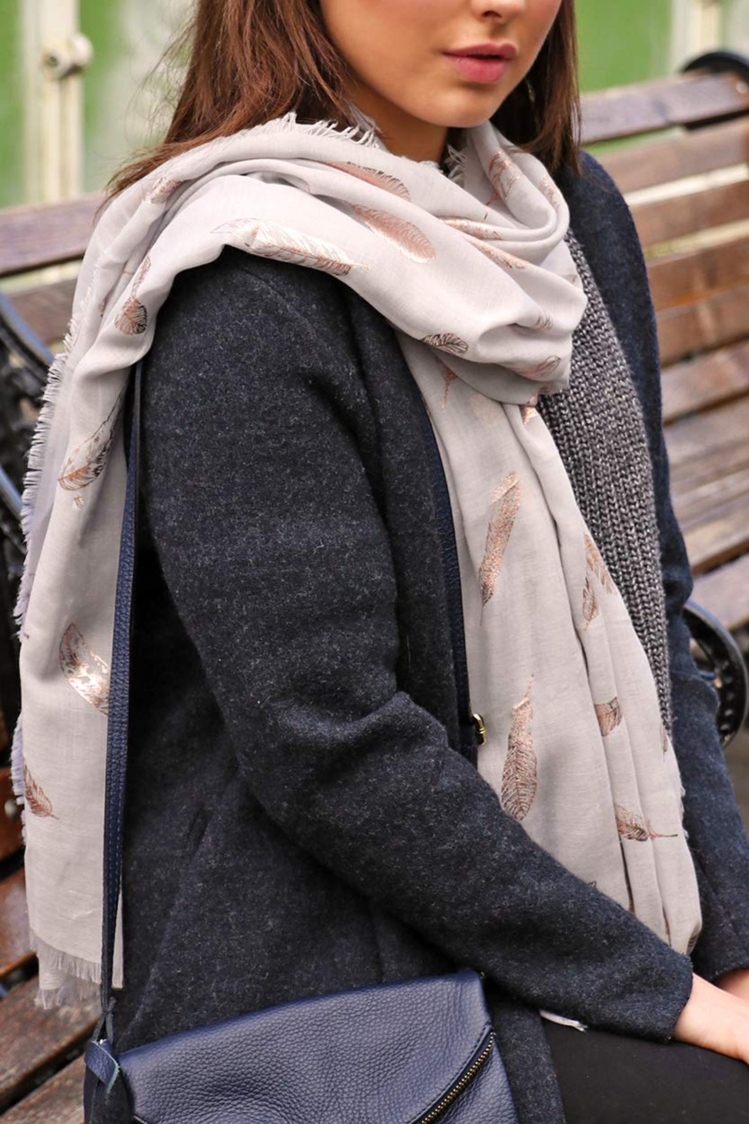 Grey Rose Gold Foil Feather Lightweight Scarf, Image 2 of 4
