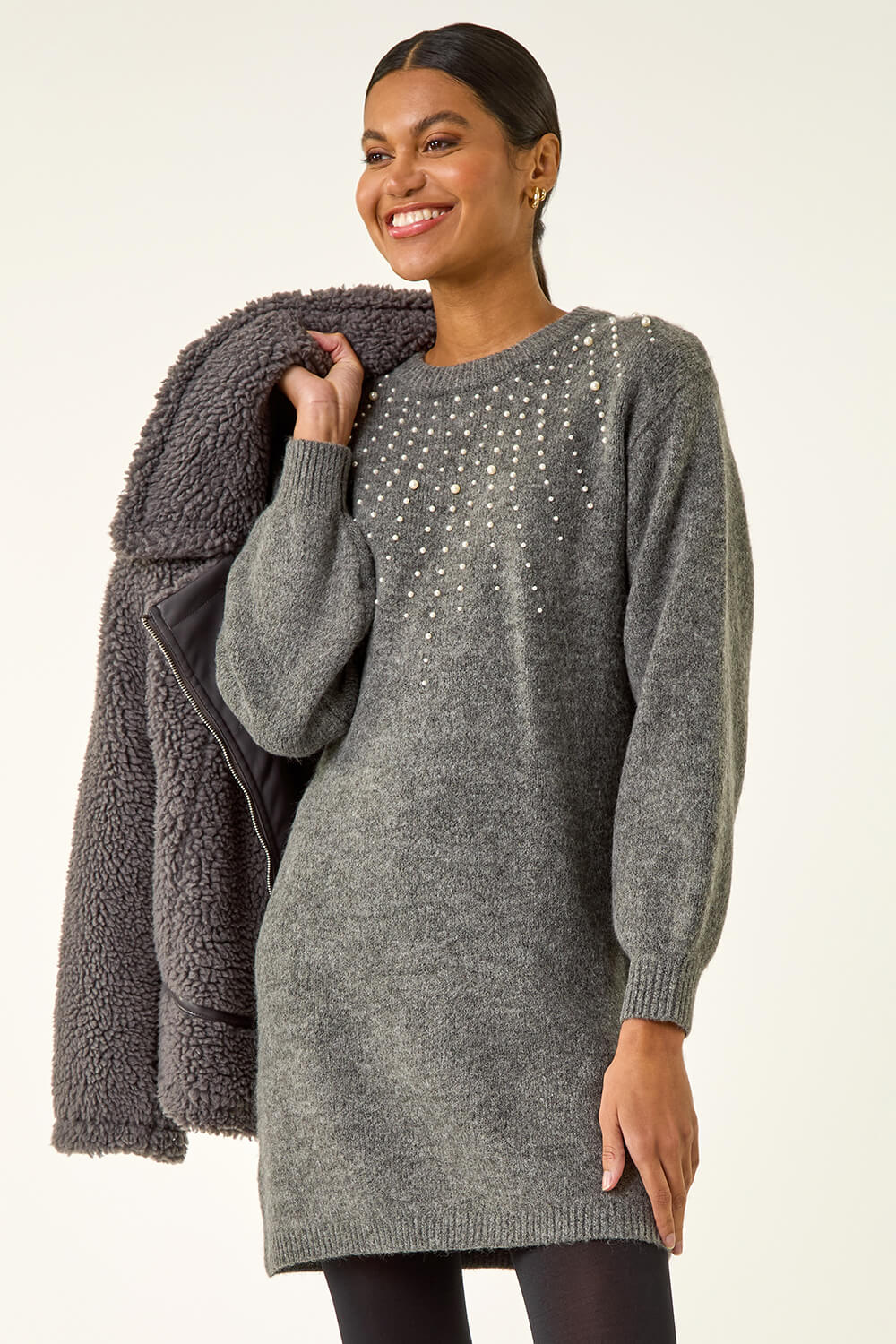 Roman Women's Grey Embellished Faux Pearl Knit Dress Size 14