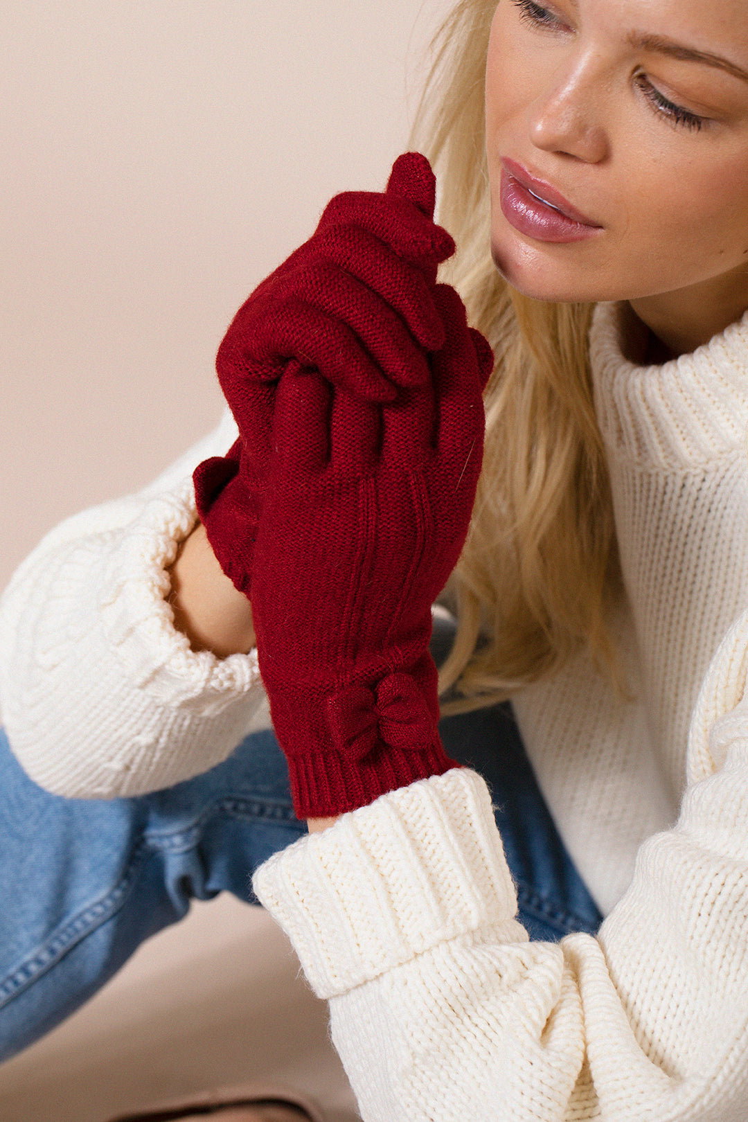 Red SVNX Red Bow Knitted Gloves, Image 1 of 4