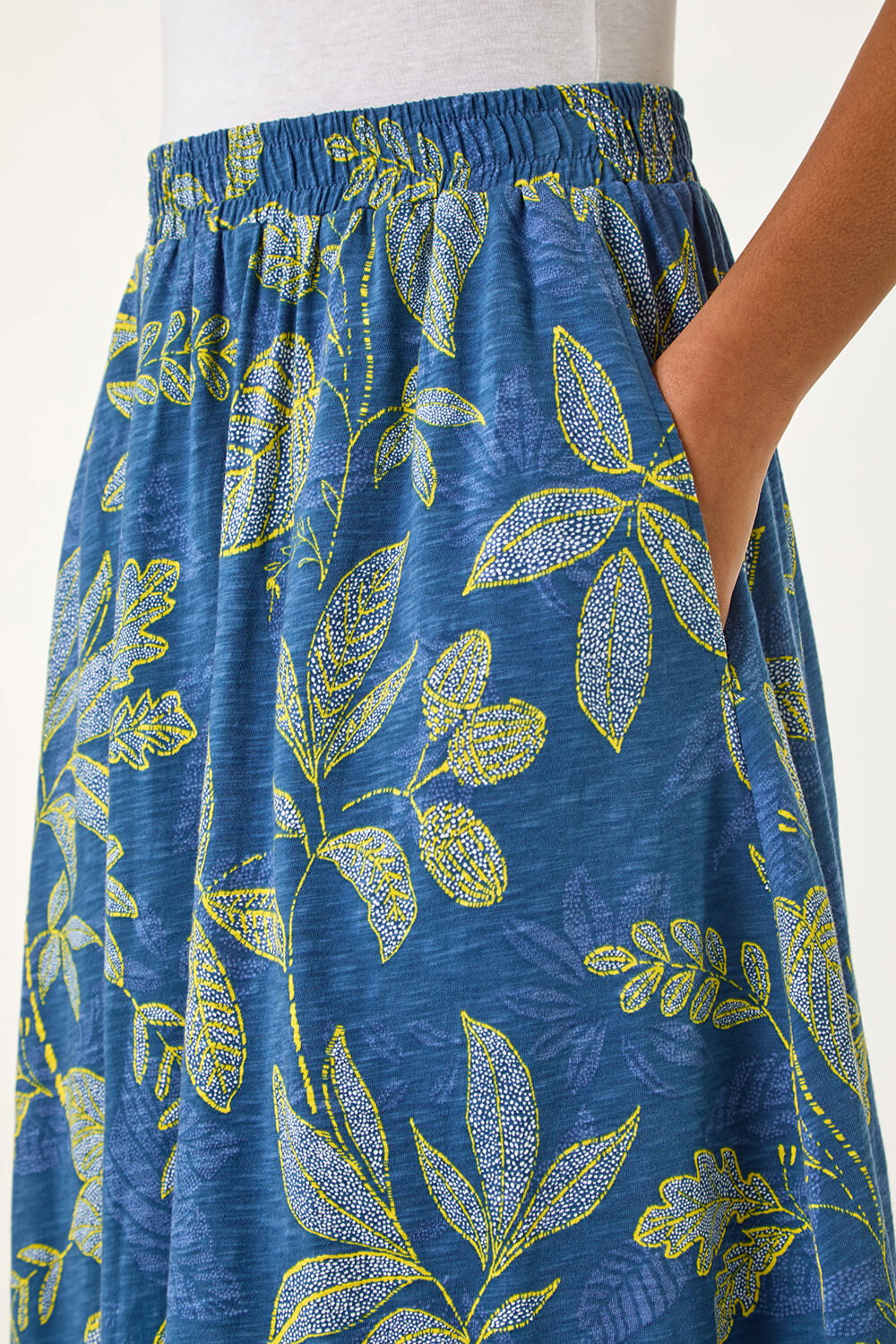Denim Leaf Print A-Line Skirt, Image 6 of 5