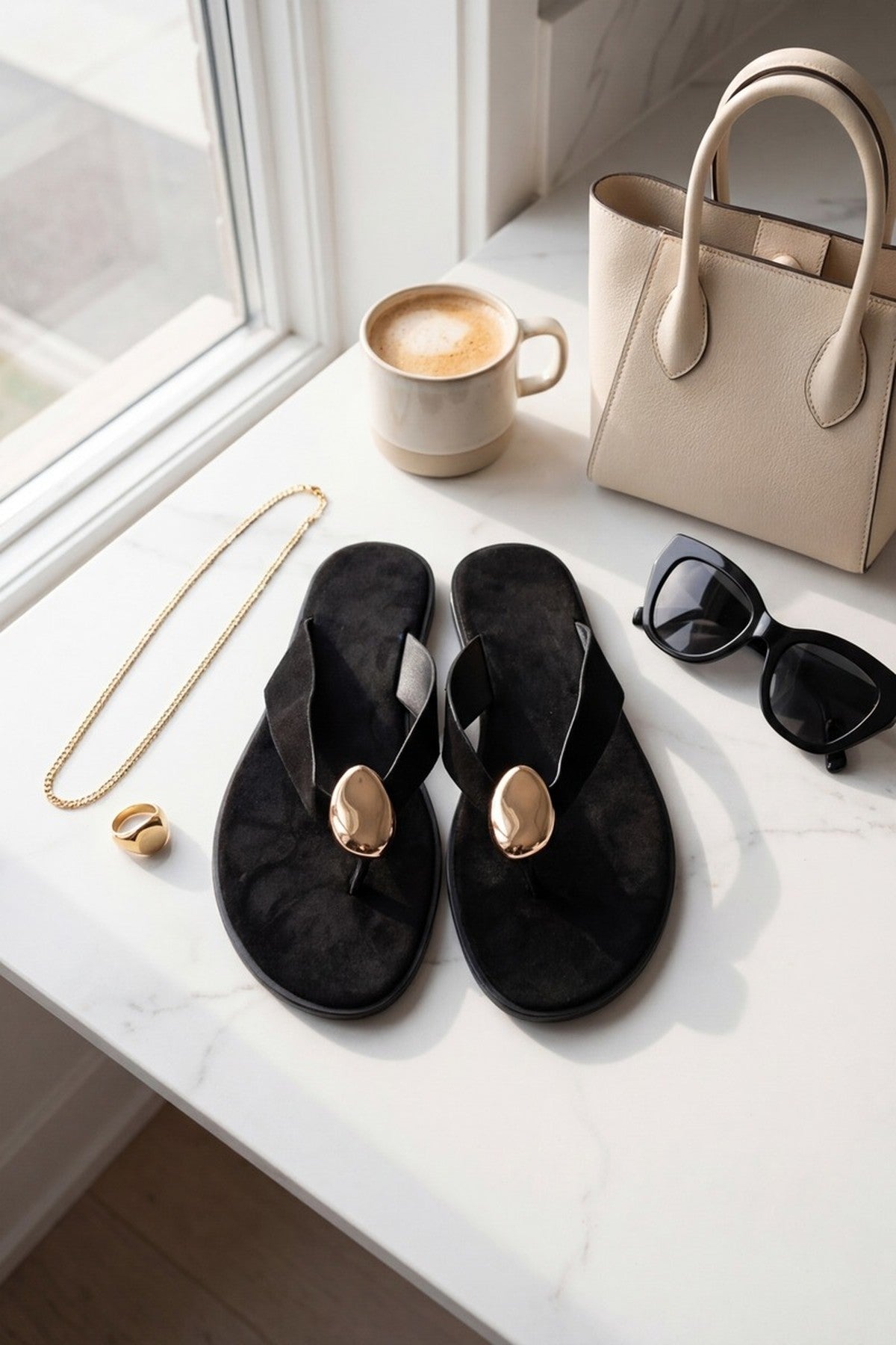 Black Thea Womens Gold Trim Thong Flat Sandals, Image 5 of 8