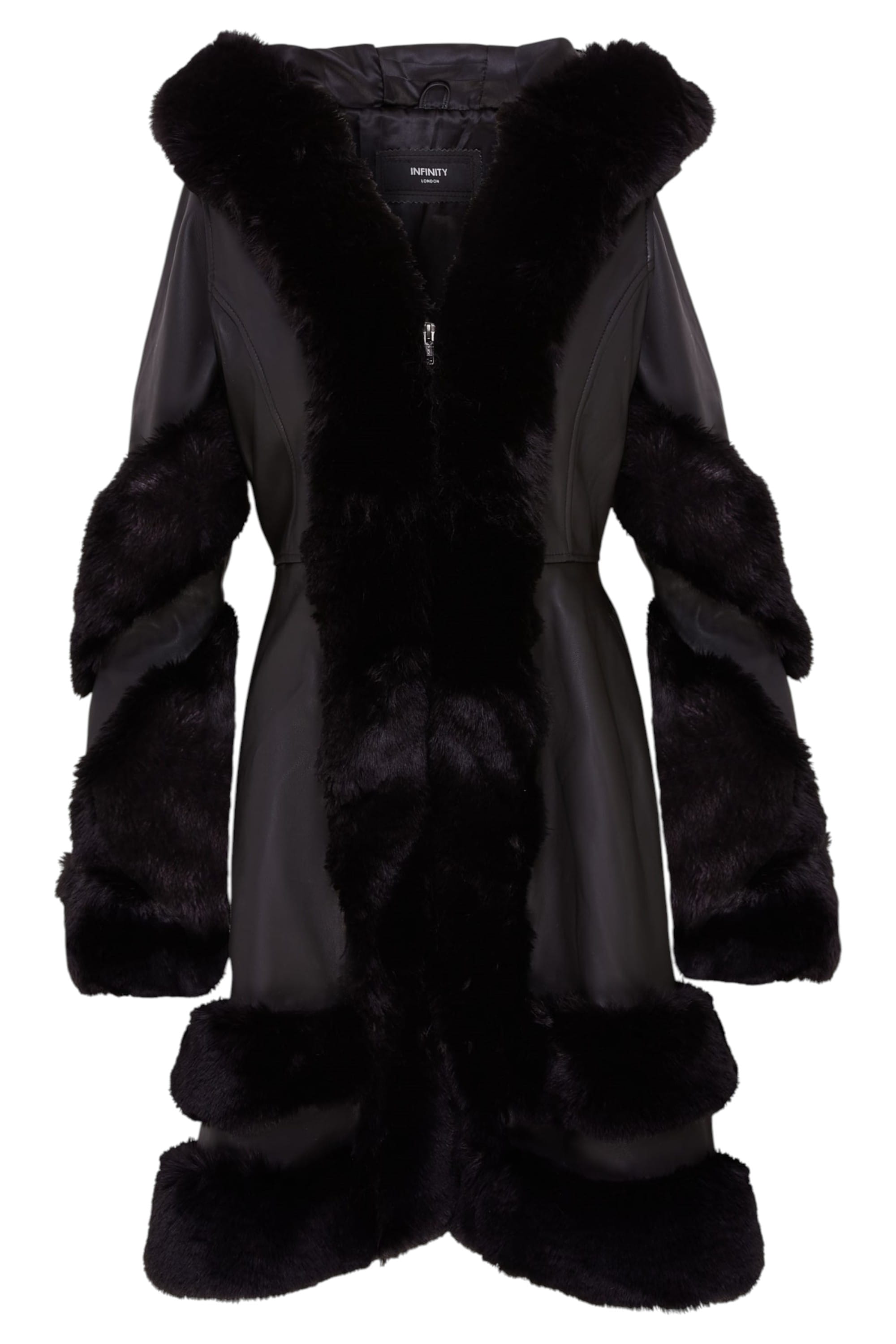 Black Flared Leather Hooded Cape Coat-Mandal