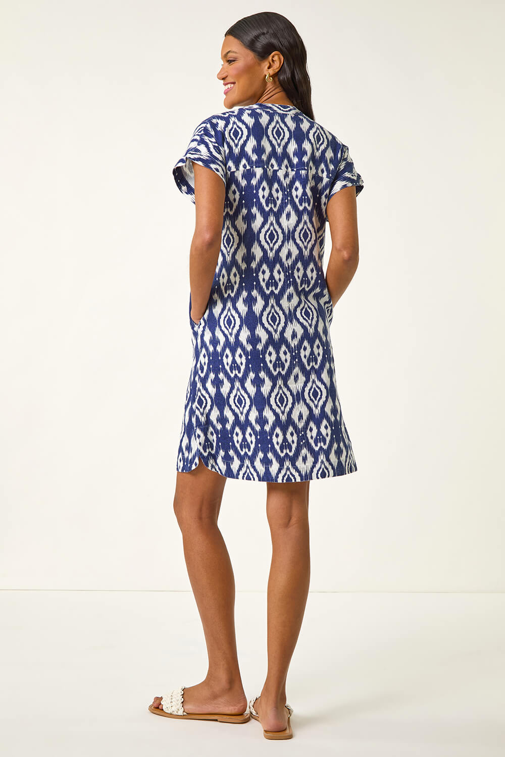 Navy Aztec Print Linen Blend Shift Dress, Image 4 of 5