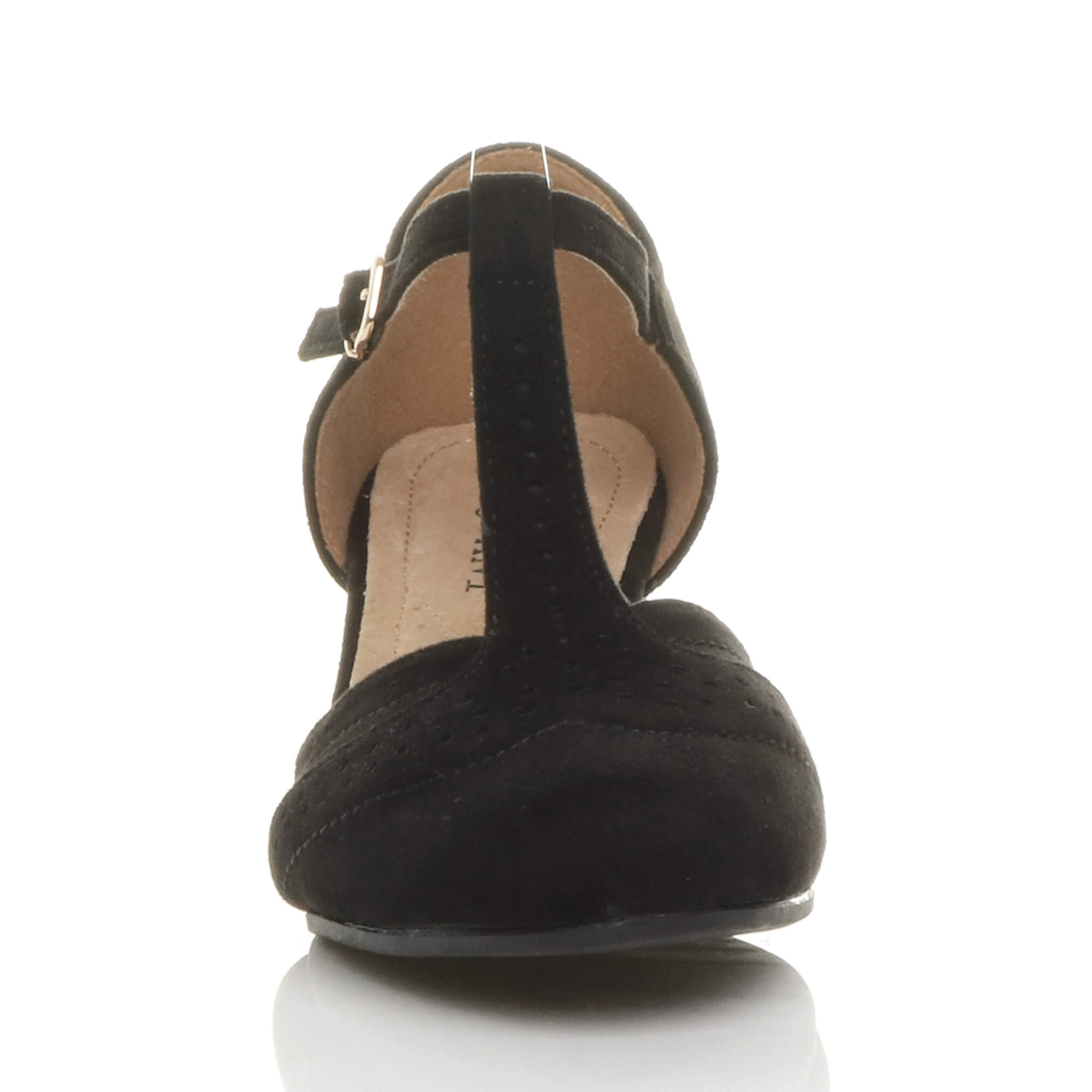 Black Mid Heel Comfort T-Bar Brogue 2 Part Heels, Image 6 of 6