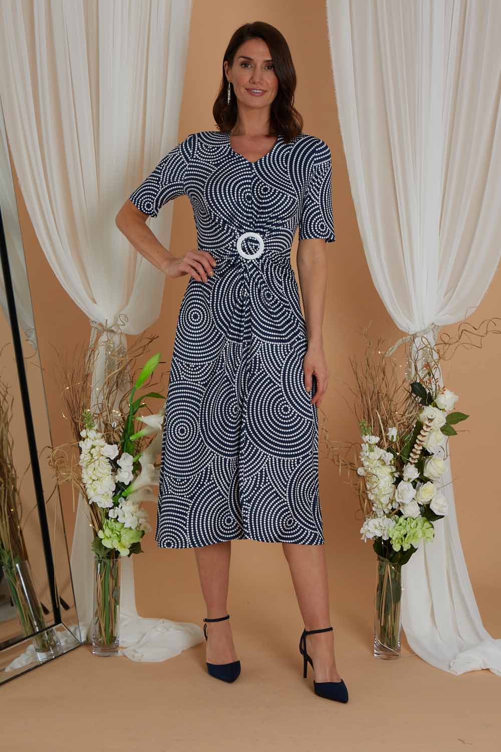 Navy Julianna Swirl Print Buckle Wrap Dress, Image 5 of 4
