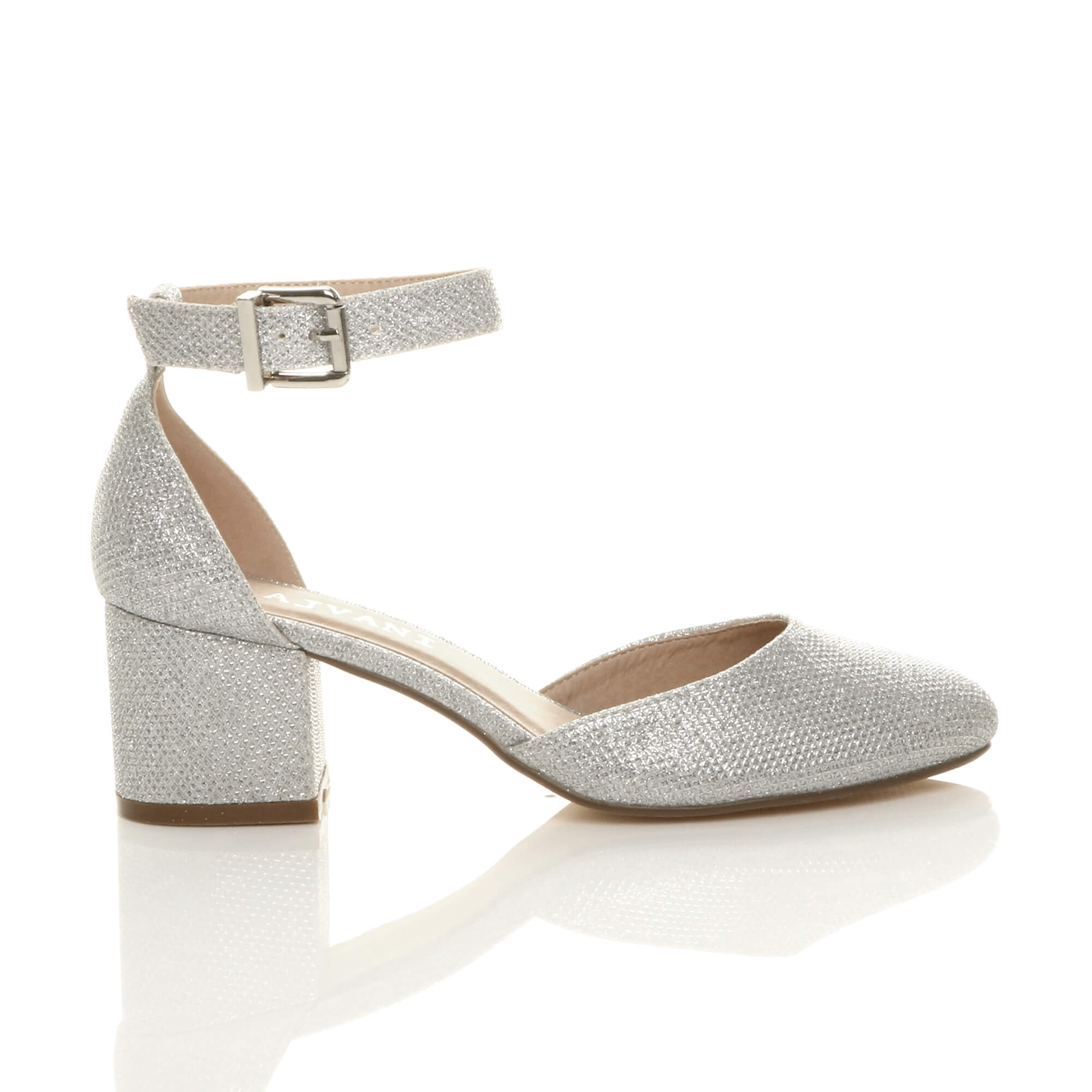 Silver AJVANI Silver Mid Block Heel Ankle Strap 2 Part Heels, Image 2 of 6