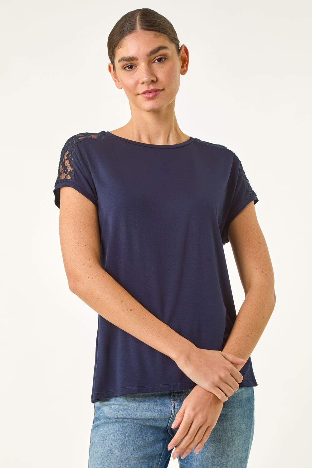 Roman Women's Navy Lace Panel Detail T-Shirt Size 16