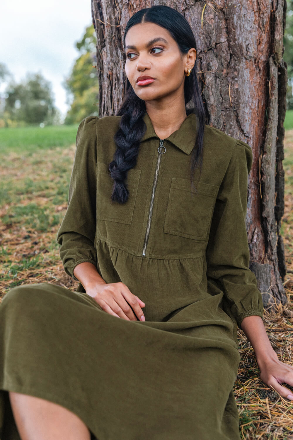 KHAKI Corduroy Zip Detail Midi Dress, Image 1 of 2
