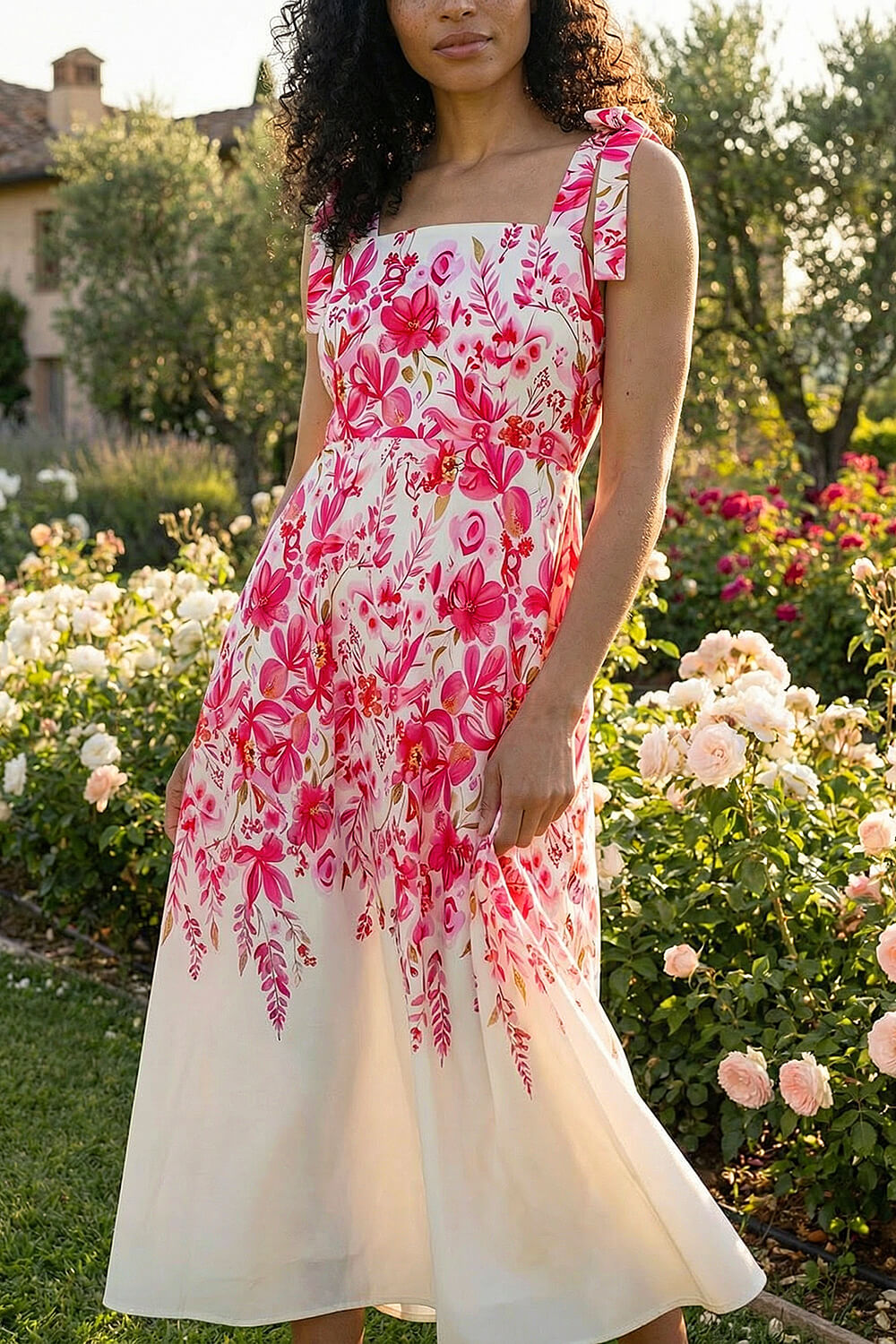 Pink Floral Print Strap Tie Midi Dress , Image 5 of 4