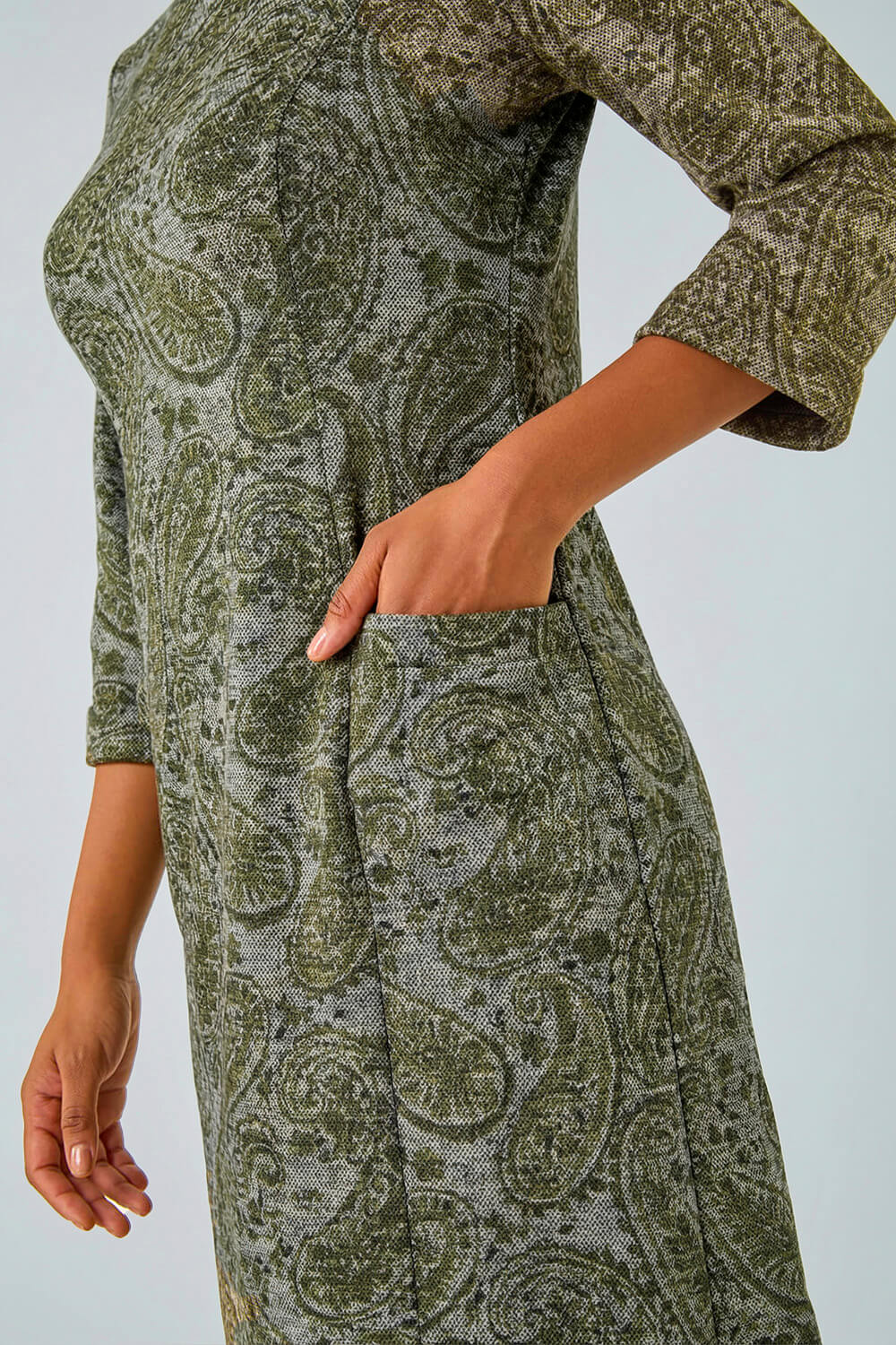 Olive Paisley Print Pocket Shift Stretch Dress, Image 6 of 5
